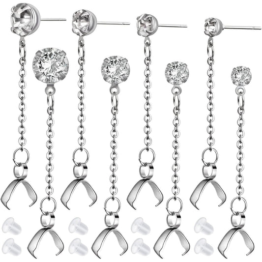 8pcs Stainless Steel Rhinestone Earring Studs Silver Plated Earring Posts with Pinch Clasps Chains and 20pcs Clear Bullet Earring Backs for DIY Jewelry Making Supplies, 4 Sizes