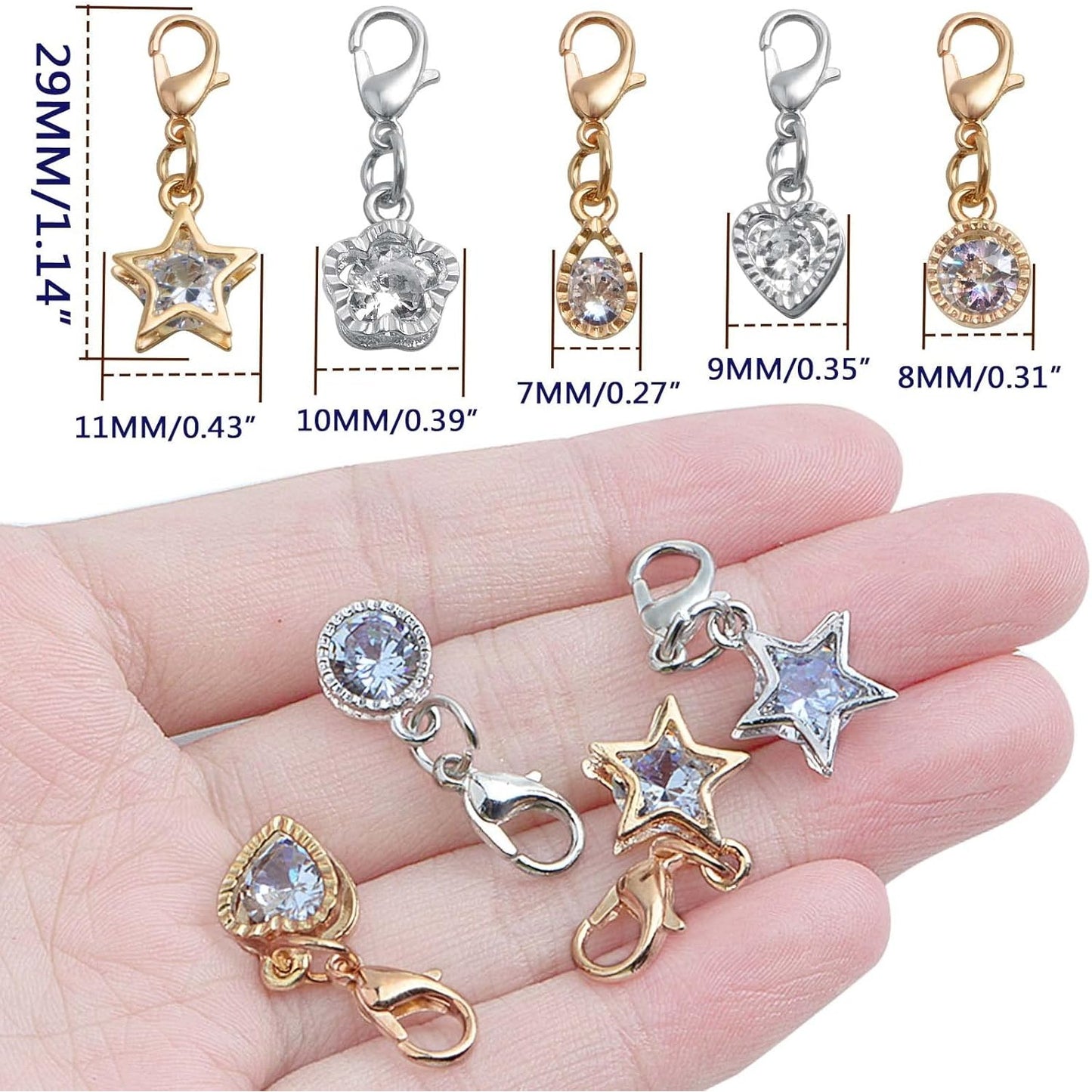 20pcs 2 Colors Cubic Zirconia Charms Metal Round Heart Star Plum Bossom Drop Shaped Pendants with Lobster Clasps for DIY Necklace Earrings Jewelry Making Supplies, 5 Styles