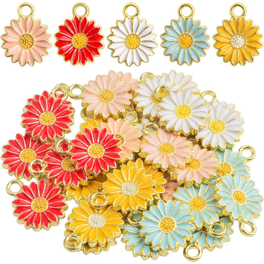 30pcs Golden Plated Enamel Sunflower Pendant Charms Alloy Sunflower Daisy Flower Dangle Charms Craft Supplies for DIY Necklace Bracelet Earrings Jewelry Making, 5 Colors