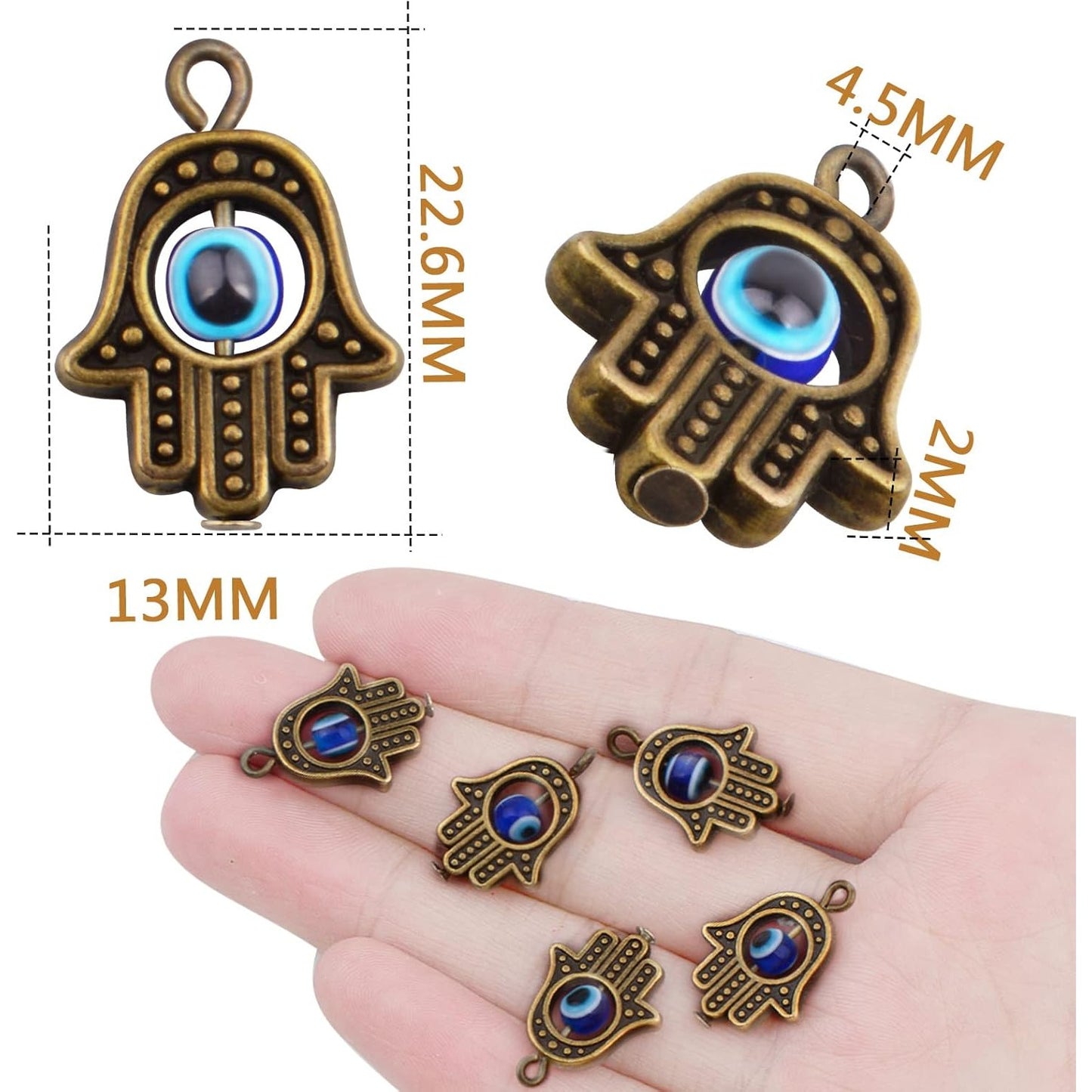 Hamsa Hand Beads Frame Charms,30 Pieces of Hamsa Evil Eye Pendant Hand of Fatima Symbol Charms Jewelry Making Findings for DIY Necklace Bracelet(Gold & Silver & Bronze)