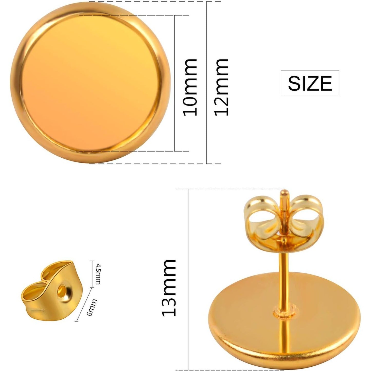 40 Pieces Stainless Steel Stud Earring Cabochon Setting Post Cup for 10mm and 40 Pieces Earring Safety Backs, Gold Color