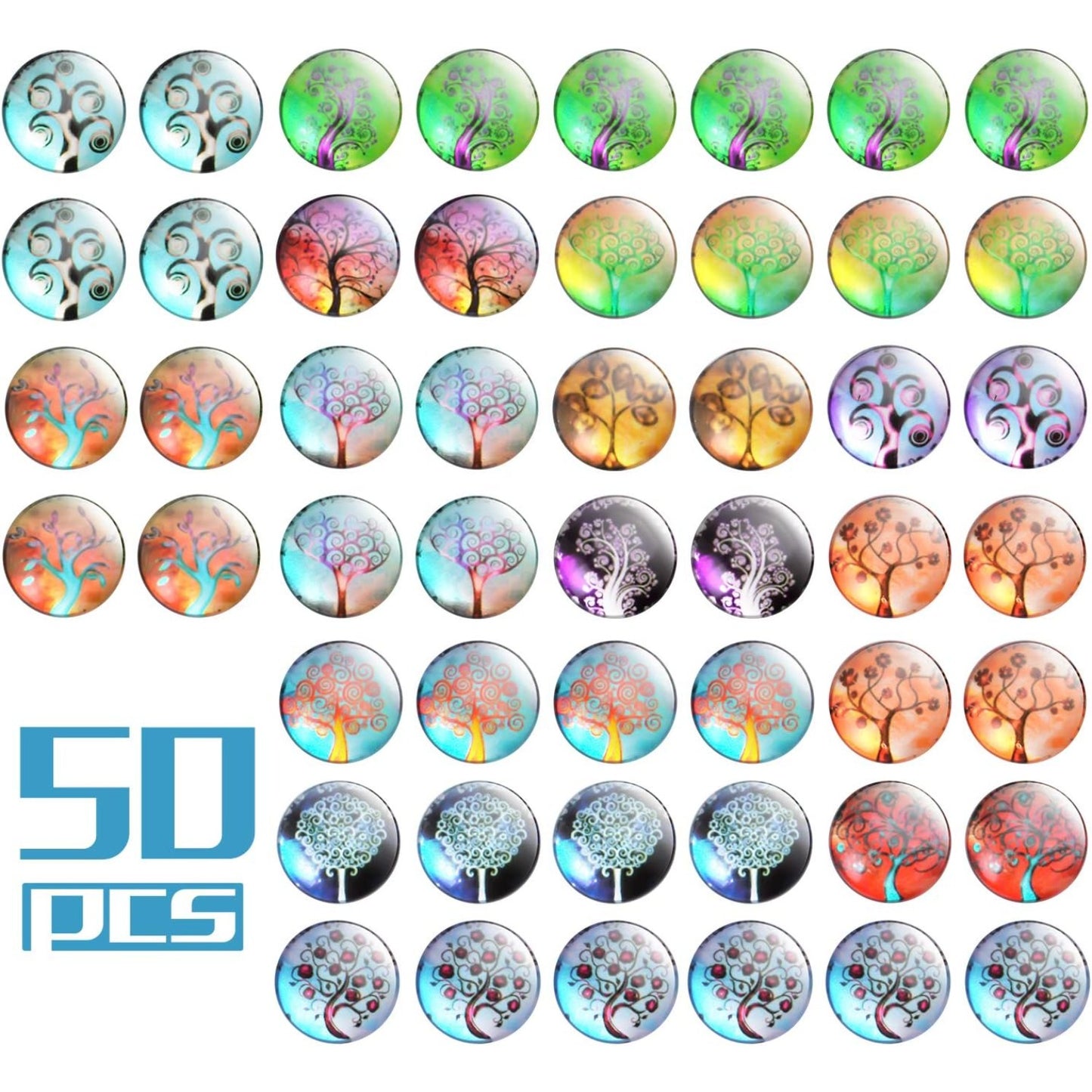 Glass Dome Cabochons, 50pcs 14 Styles Tree of Life Pattern Flatback Resin Cabochons (12mm) with 10pcs Bronze Stud Earring Bezel and 10pcs Clear Earring Backs for Jewelry Making