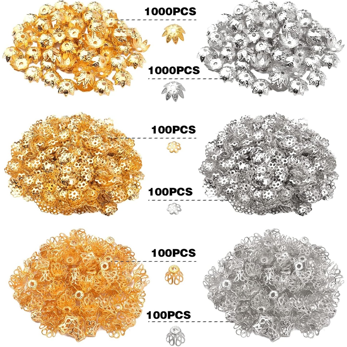 2400pcs Filigree Flower Beads Caps Metal Spacer Beads Caps Hollow Cone End Caps Jewelry Making Accessories for DIY Bracelet Earring Necklace Craft Supplies, 3 Styles, Golden and Silver