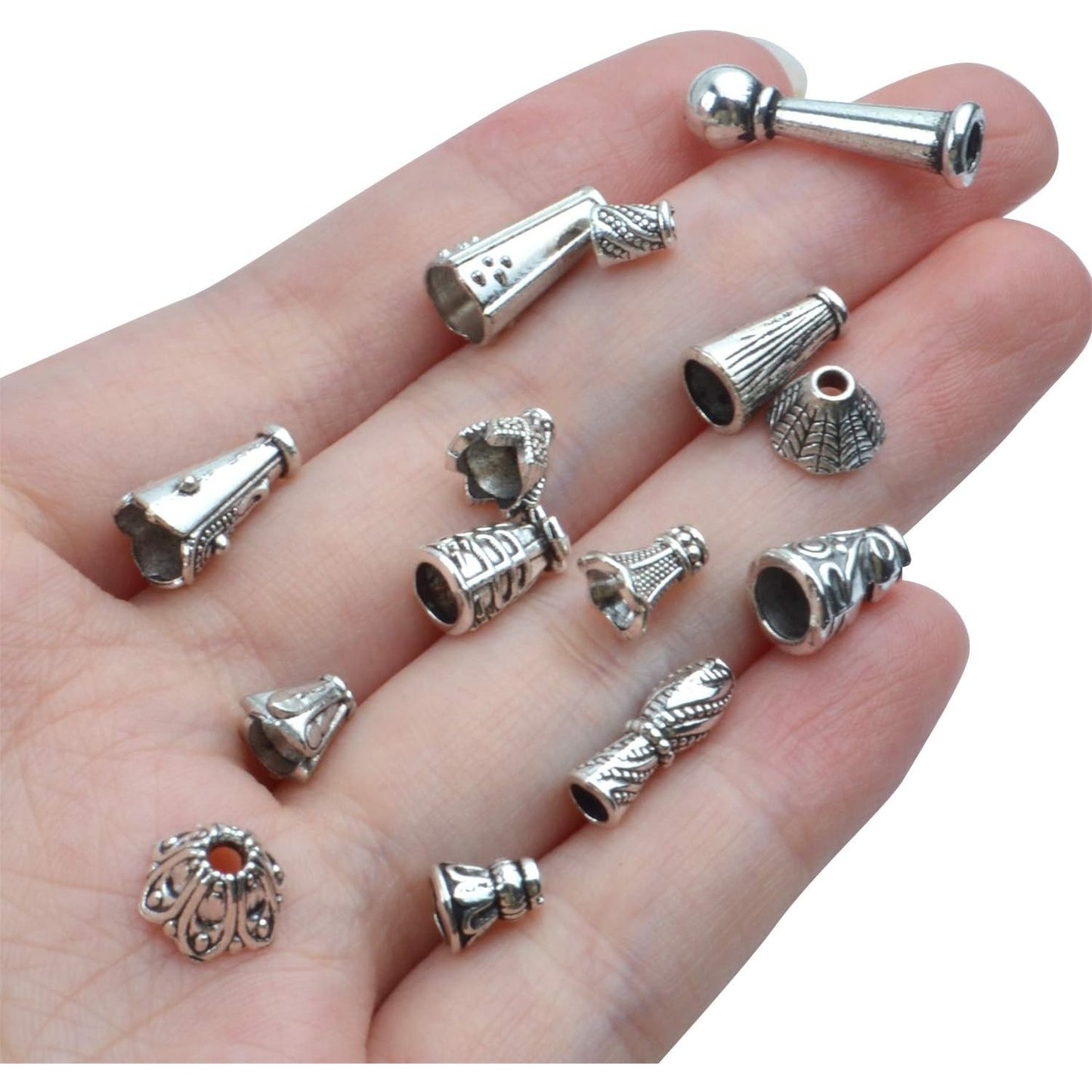 100 Gram (About 130-190pcs) Antique Silver Cone Bead Caps Flower End Caps Tassel End Cap for Jewelry Making Crafts DIY