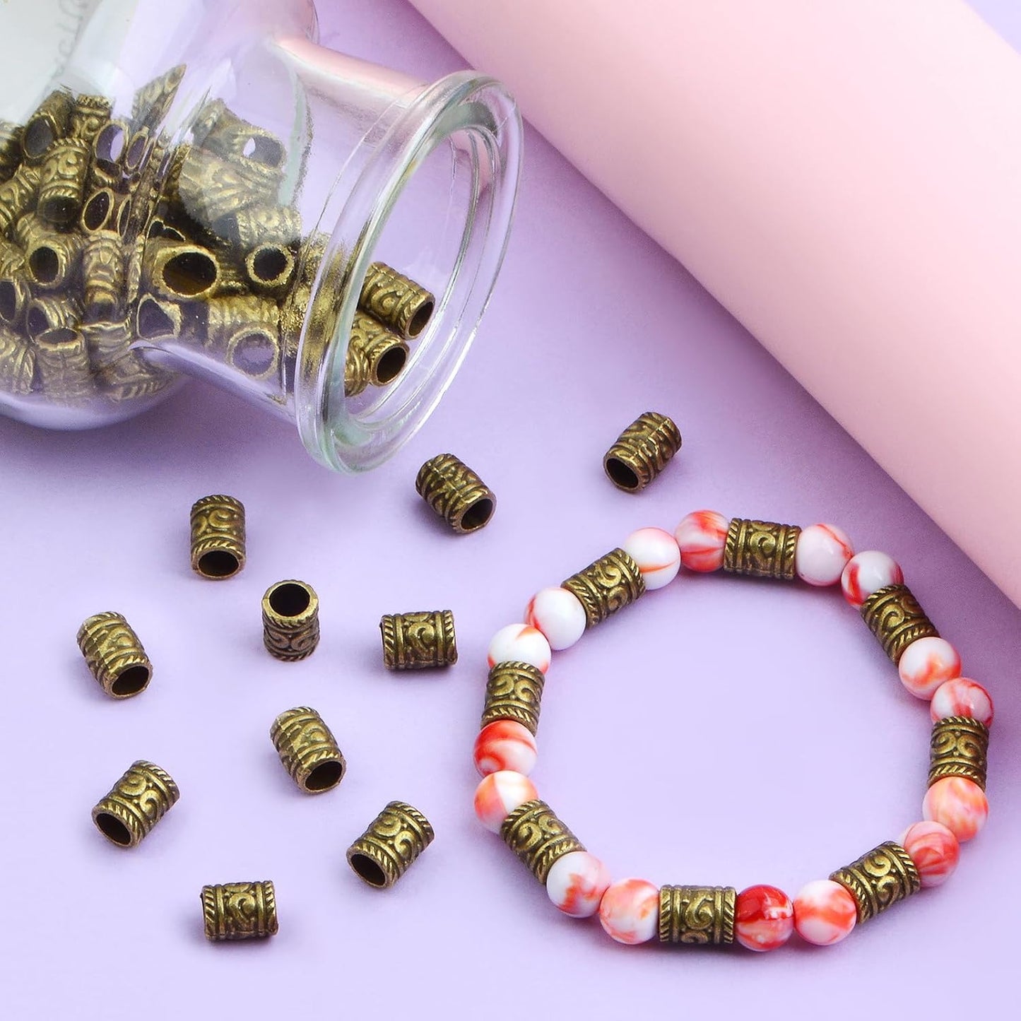 100pcs Tibetan Antique Bronze Large Hole Spacer Beads Vintage Alloy Column Tube Loose Bead Filigree Barrel Charm Beads Accessories for European Bracelet Jewelry Craft Projects, Hole: 5 mm