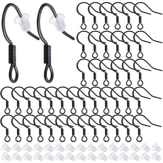 50pcs Black Hypoallergenic Earring Hooks Stainless Steel French Earwire Fish Hooks and 50pcs Clear Silicone Earring Backs for DIY Earrings Jewelry Making Supplies