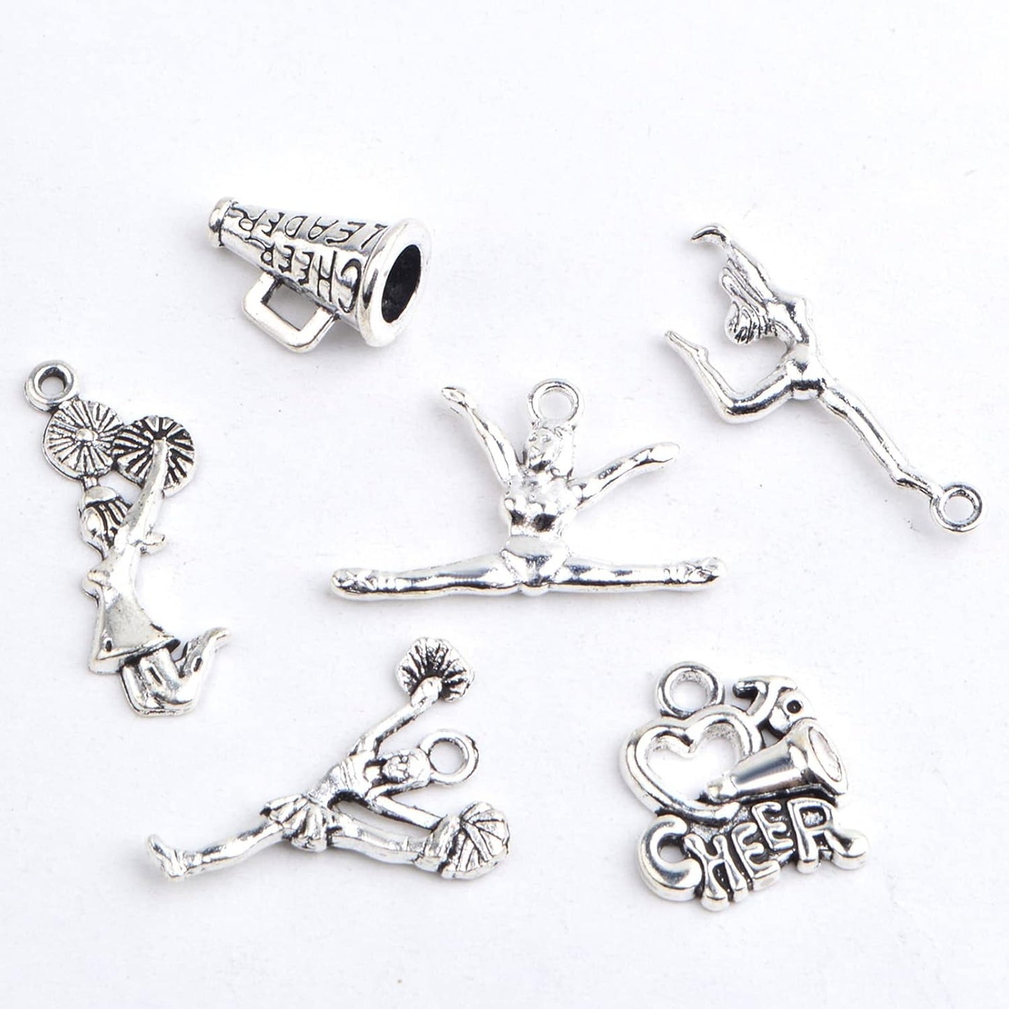 60pcs 6 Styles Antique Silver Cheerleading Theme Charms Tibetan Alloy Gymnastics School Sports Dangle Pendants for DIY Necklace Bracelet Jewelry Making Findings
