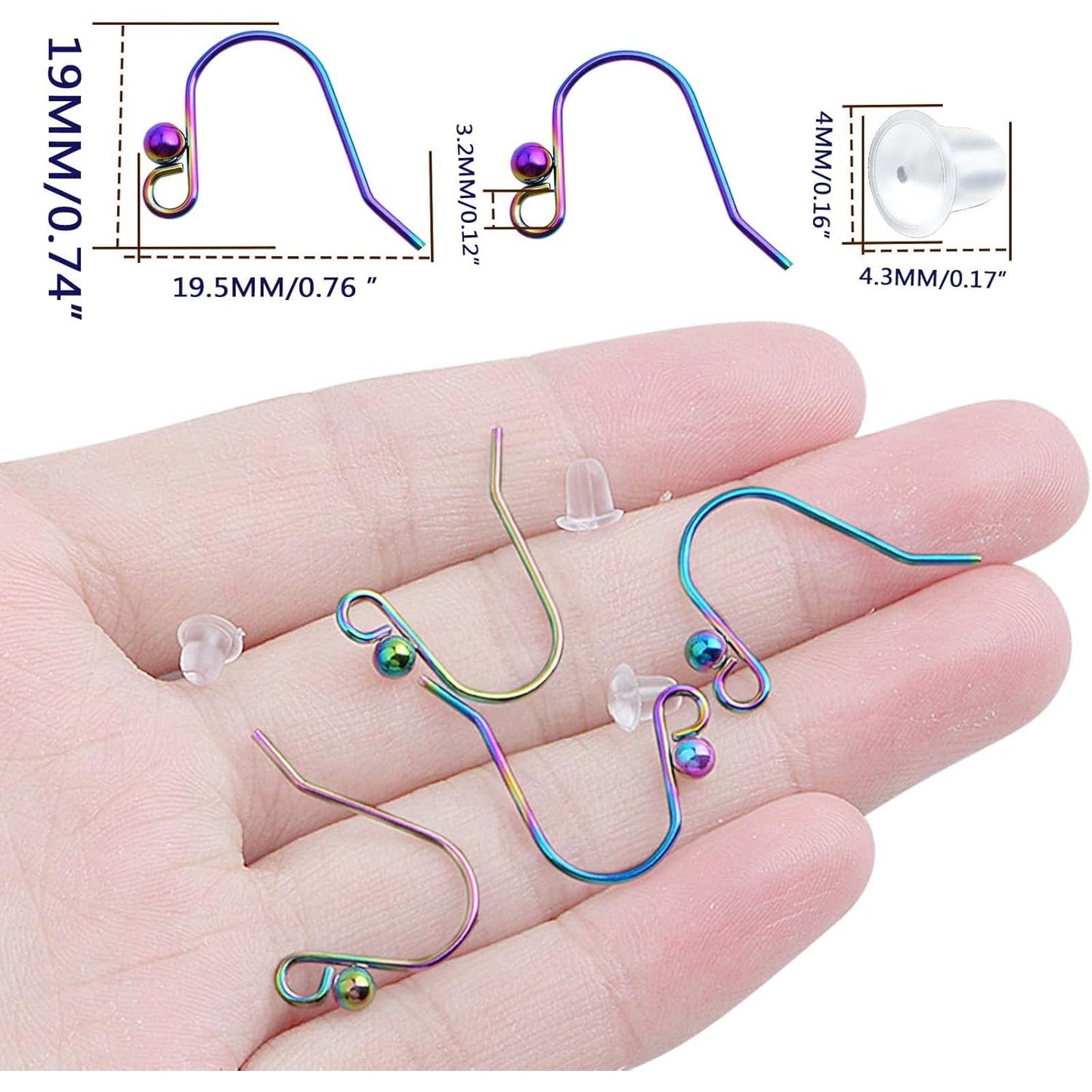 50pcs Rainbow Color Stainless Steel Earring Hooks Hypo-allergenic Ear Wires Fish Hooks with 50pcs Clear Bullet Earring Backs for DIY Dangle Earrings Jewelry Making