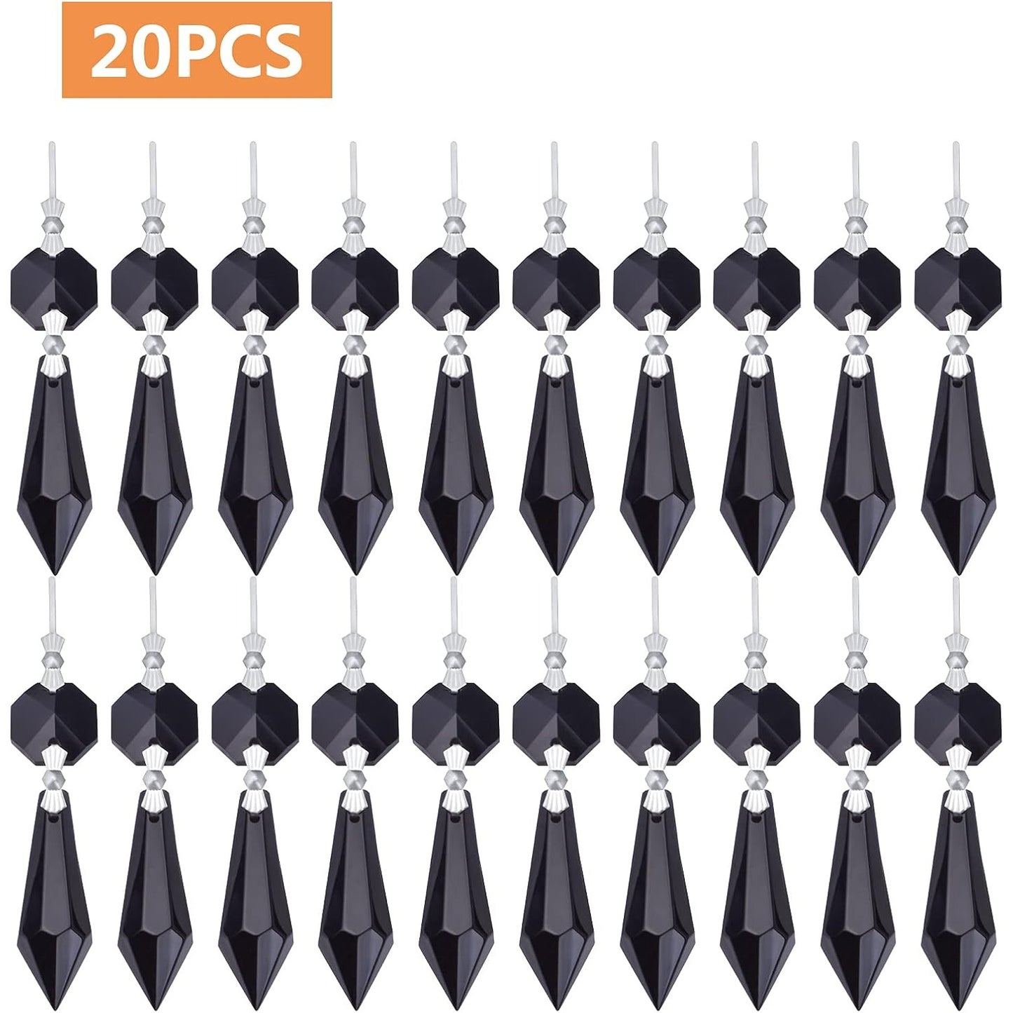 20pcs Crystals Prisms Glass Tip Beads Black Chandelier Icicle Drops Hanging Crystal Replacements Pendants for DIY Craft Jewelry Ornament Wedding Christmas Lamp Decoration, 35 mm