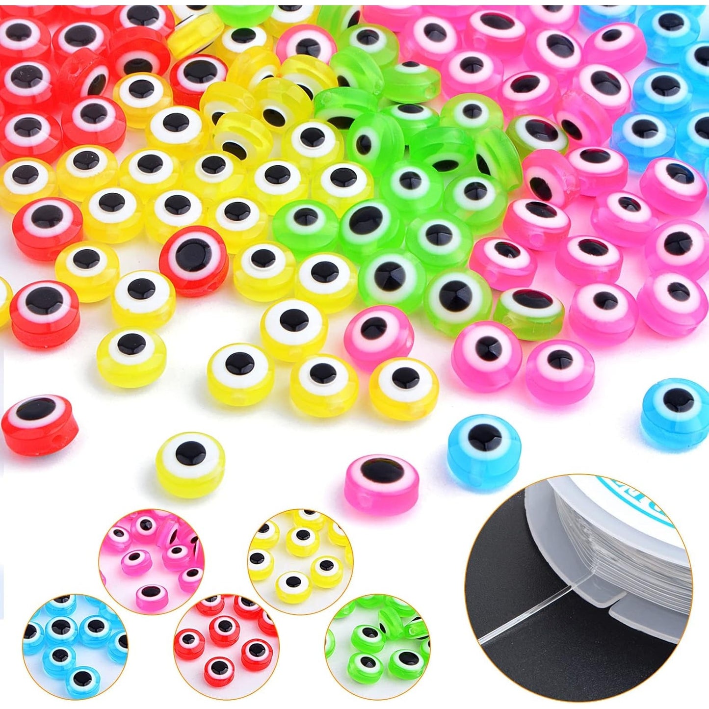 250pcs 8 mm Colorful Evil Eye Beads Round Resin Evil Eye Beads with 100pcs French Earring Hooks and 2 Roll of Crystal Thread Kits for DIY Bracelet Earrings Jewelry Making Findings