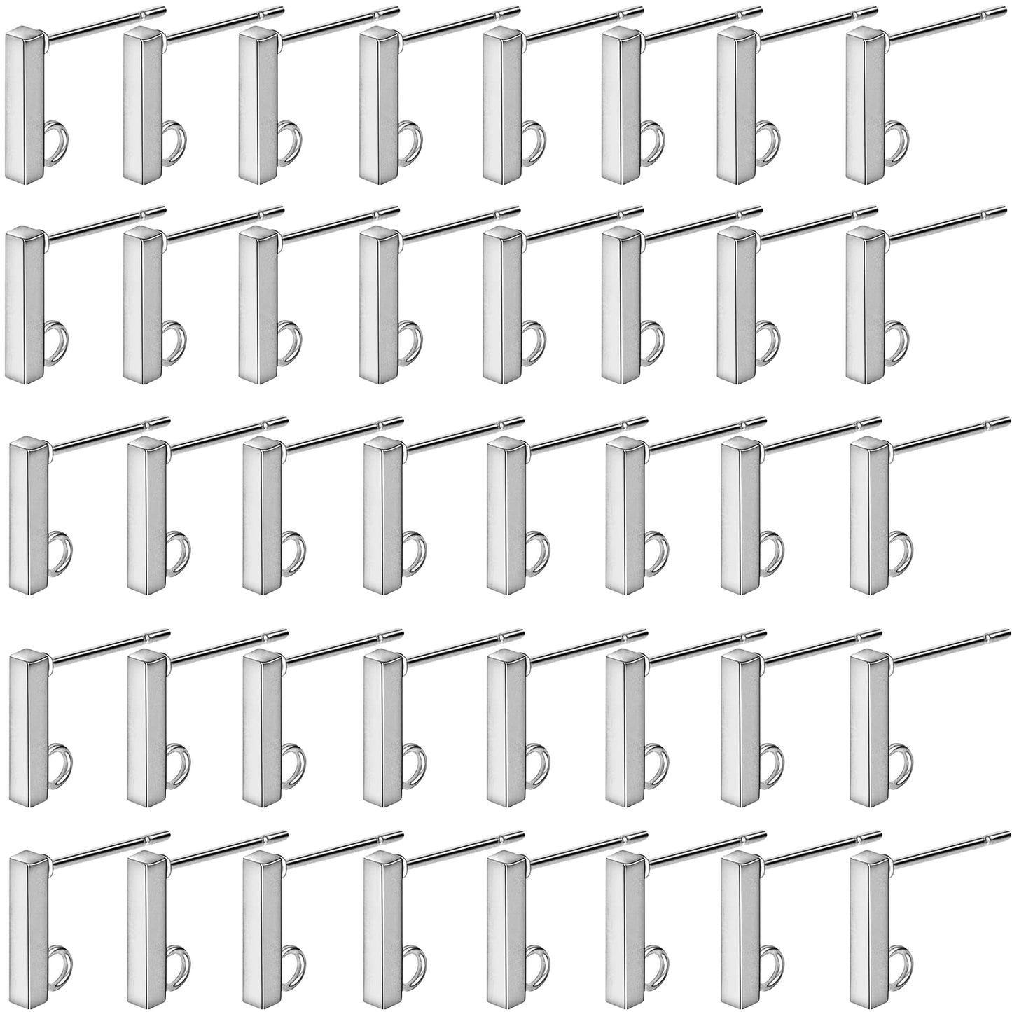 40pcs Stainless Steel Rectangle Earring Studs Hypoallergenic Bar Line Stick Earrings with Loop and 40pcs Clear Silicone Earring Backs for DIY Jewelry Making, 2 Sizes