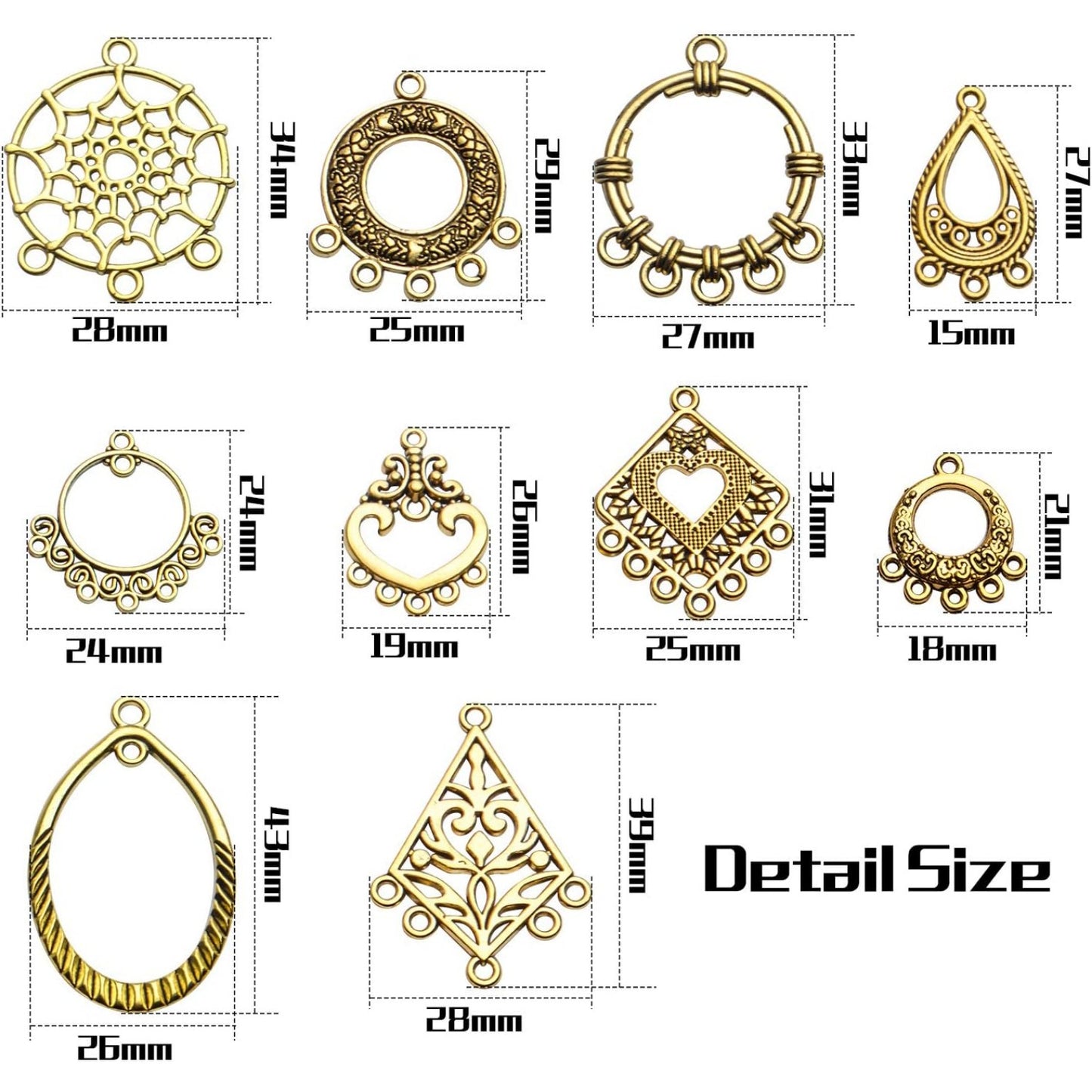 Earring Connectors, 40pcs 10 Styles Tibetan Bohemian Chandelier Charms Metal Embellishments for DIY Dangle Earring Drop Jewellery Making Kits, Antique Golden