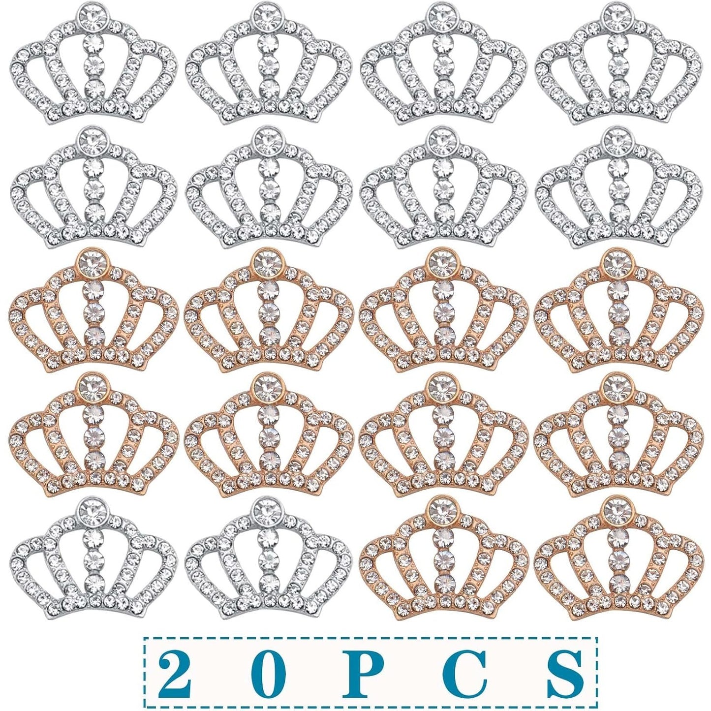 20pcs Rhinestone Crown Charms Alloy Queen Crown Diamond Embellishment Pendants Hair Accessories for DIY Bracelet Jewelry Making Wedding Decoration, Golden and Silver