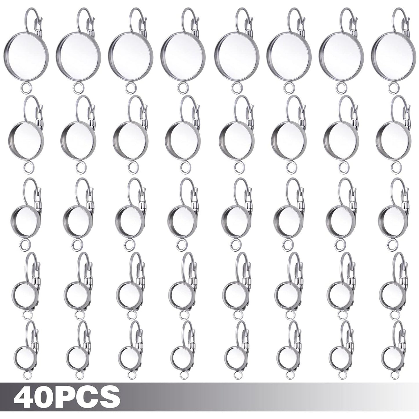 40pcs Leverback French Earring Hooks Stainless Steel Earring Blank Round Bezel Trays Earring Hoops with Loop for Women Men DIY Jewelry Making Supplies, 5 Sizes