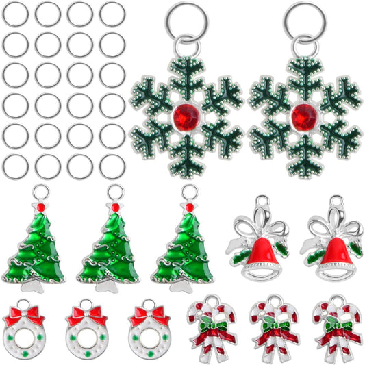 30pcs 5 Styles Enamel Christmas Theme Charms Alloy Mixed Christmas Tree Snowflake Bow Bell Pendants and 30pcs Open Rings for DIY Craft Jewelry Making Xmas Decoration