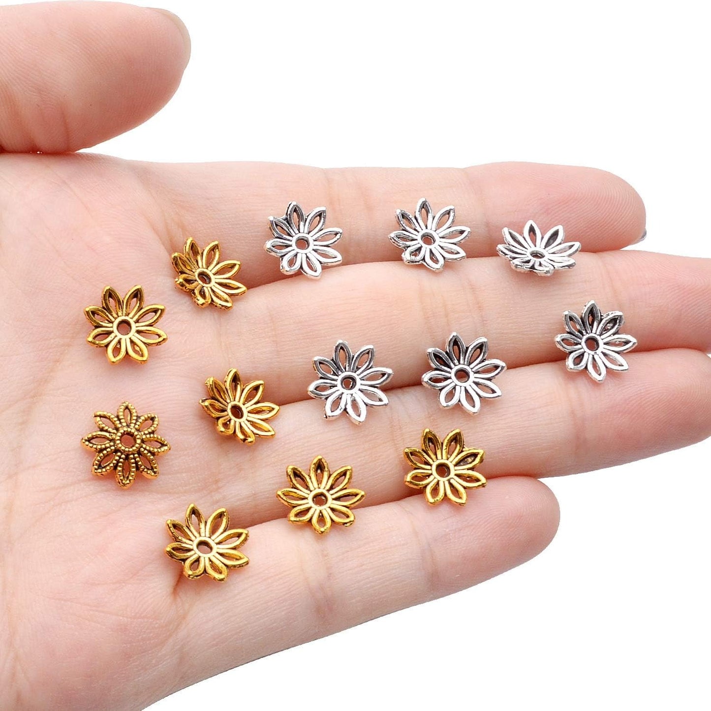 100pcs 10mm Flower Bead End Caps Tibetan Alloy Filigree Flower Caps Hollow Bead Caps Jewelry Spacer Caps for Bracelet Necklace Earring Jewelry Crafts Making