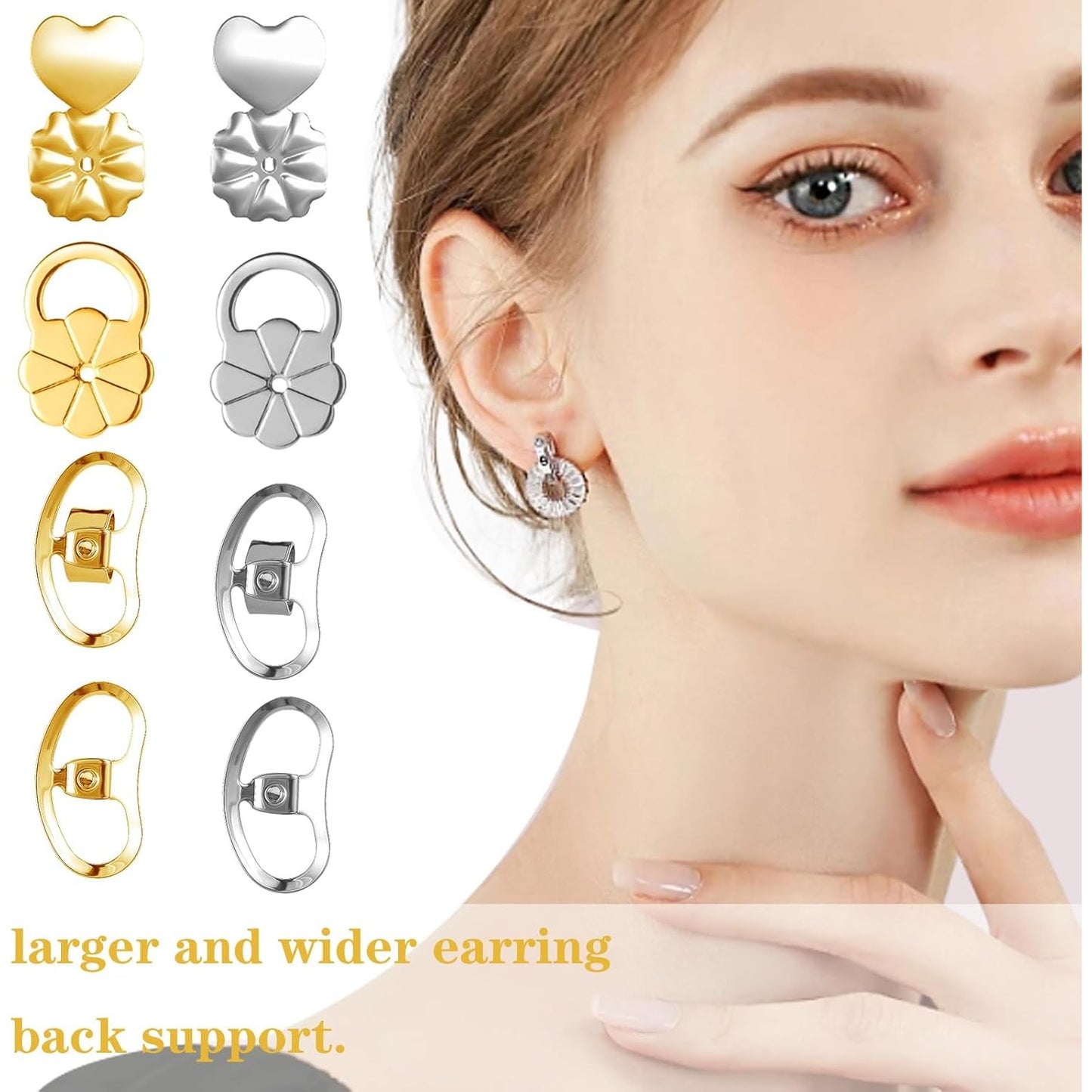 16pcs Earring Backs for Droopy Ears, Adjustable Heavy Earrings Lifters Backs Brass Secure Ear Support Backings Stoppers Repacements for Studs Droopy Earlobe Hoops, 4 Styles