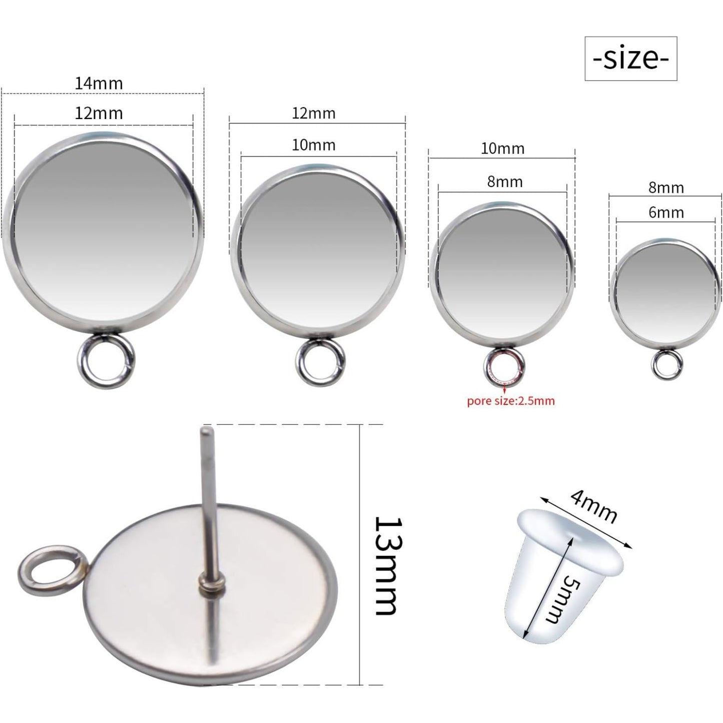 40 Pieces Stainless Steel Cabochon Blank Earring Studs Earring Tray and 40 Pieces Silicone Clear Earring Back for Earring Making,6mm,8mm,10mm,12mm