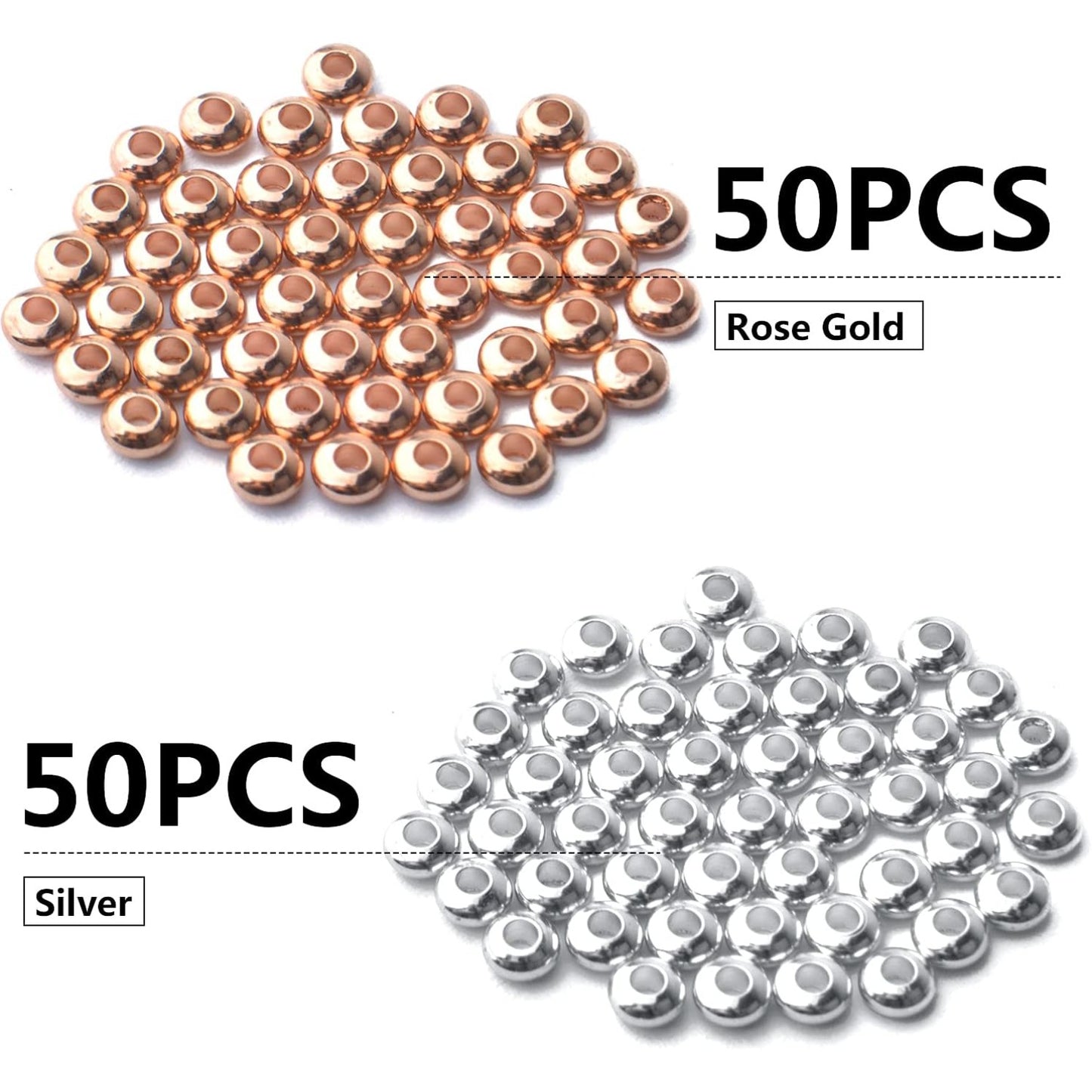 100pcs Round Spacers Beads Brass Rondelle Spacer Bead Loose Bead Spacers Charm Beads for DIY Jewelry Bracelet Necklace Crafts Making Accessory,Gold and Silver