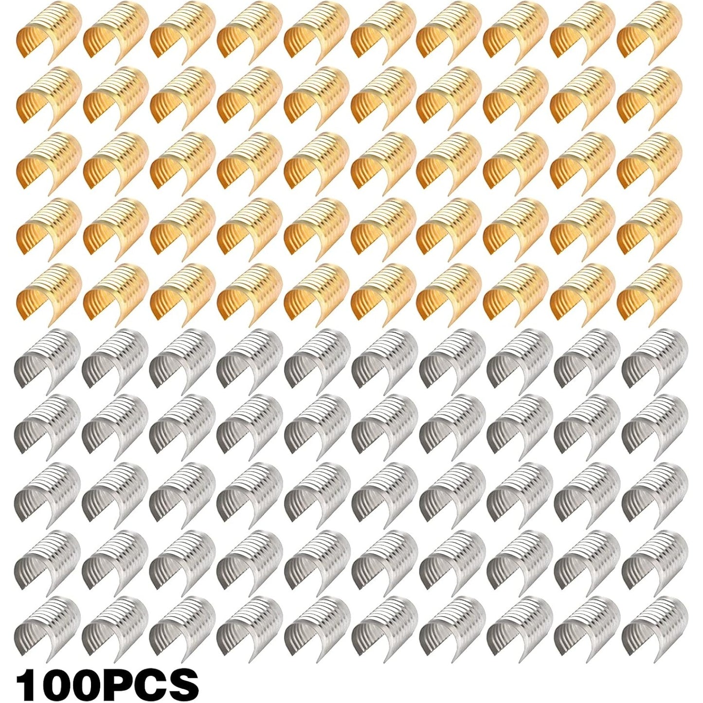 100pcs Leather Rope Clips Foldable Metal Round Fastener Crimping Cord String Leather Cord Clamp for DIY Handmade Necklace Crafts Jewelry Making Findings, Light Golden and Silver, 14.1 mm x 9 mm