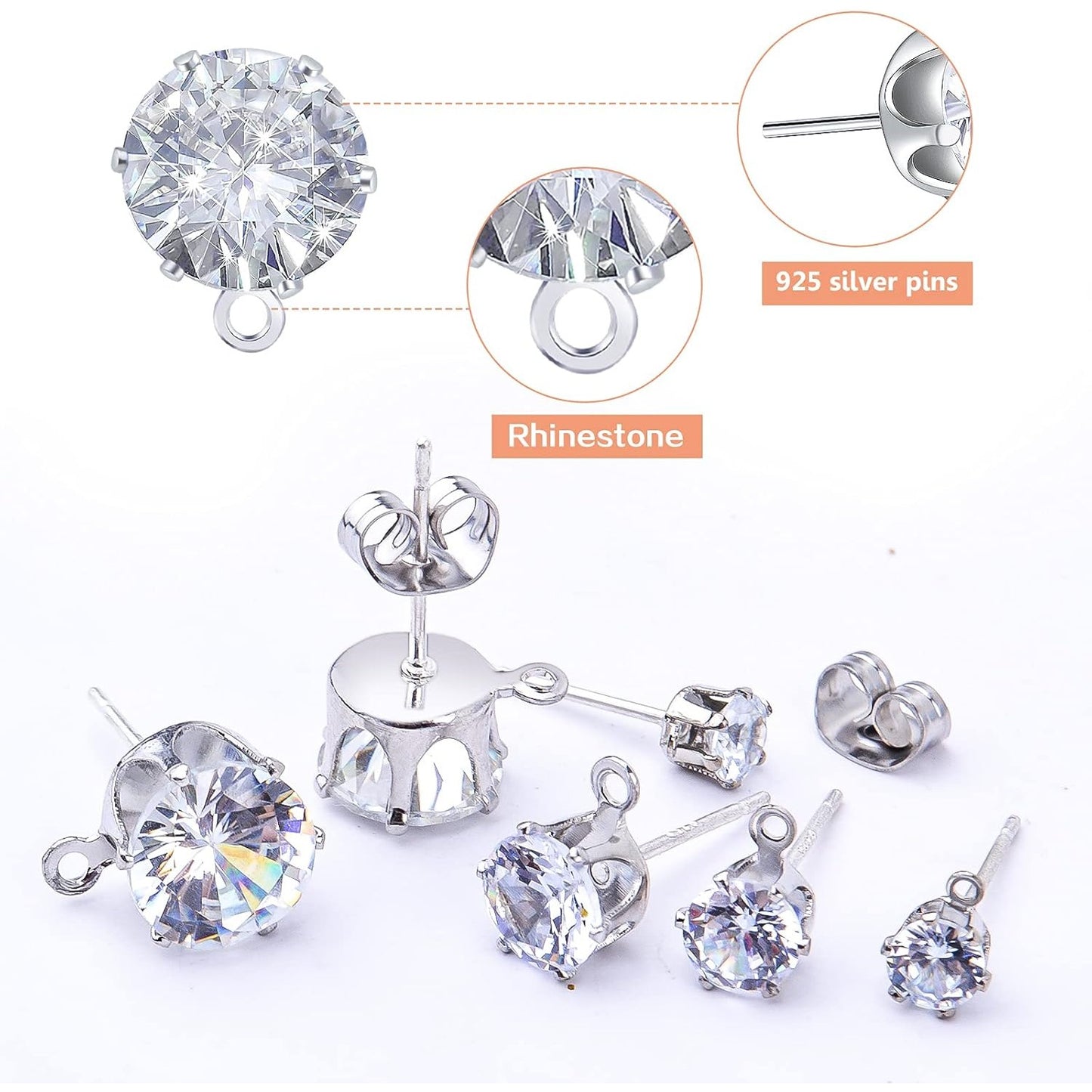 40pcs 925 Sterling Silver Cubic Zirconia Earring Studs Round Diamond Stud Earrings with Loop and 40pcs Butterfly Earring Backs for Women Men DIY Jewelry Making, 4mm/5mm/6mm/8mm