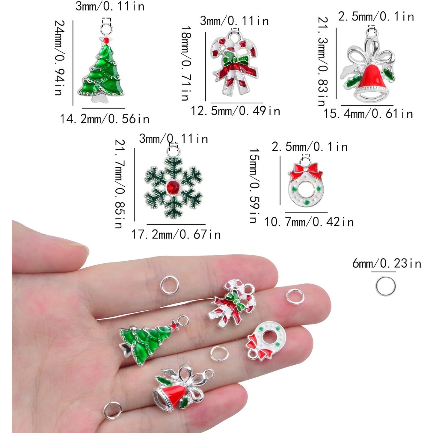 30pcs 5 Styles Enamel Christmas Theme Charms Alloy Mixed Christmas Tree Snowflake Bow Bell Pendants and 30pcs Open Rings for DIY Craft Jewelry Making Xmas Decoration