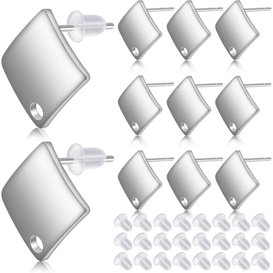 30pcs Stainless Steel Stud Earrings Settings Square Flat Blank Earring Posts Studs with Loop and 30pcs Silicone Bullet Ear Backs Stoppers for DIY Jewelry Making, Silver