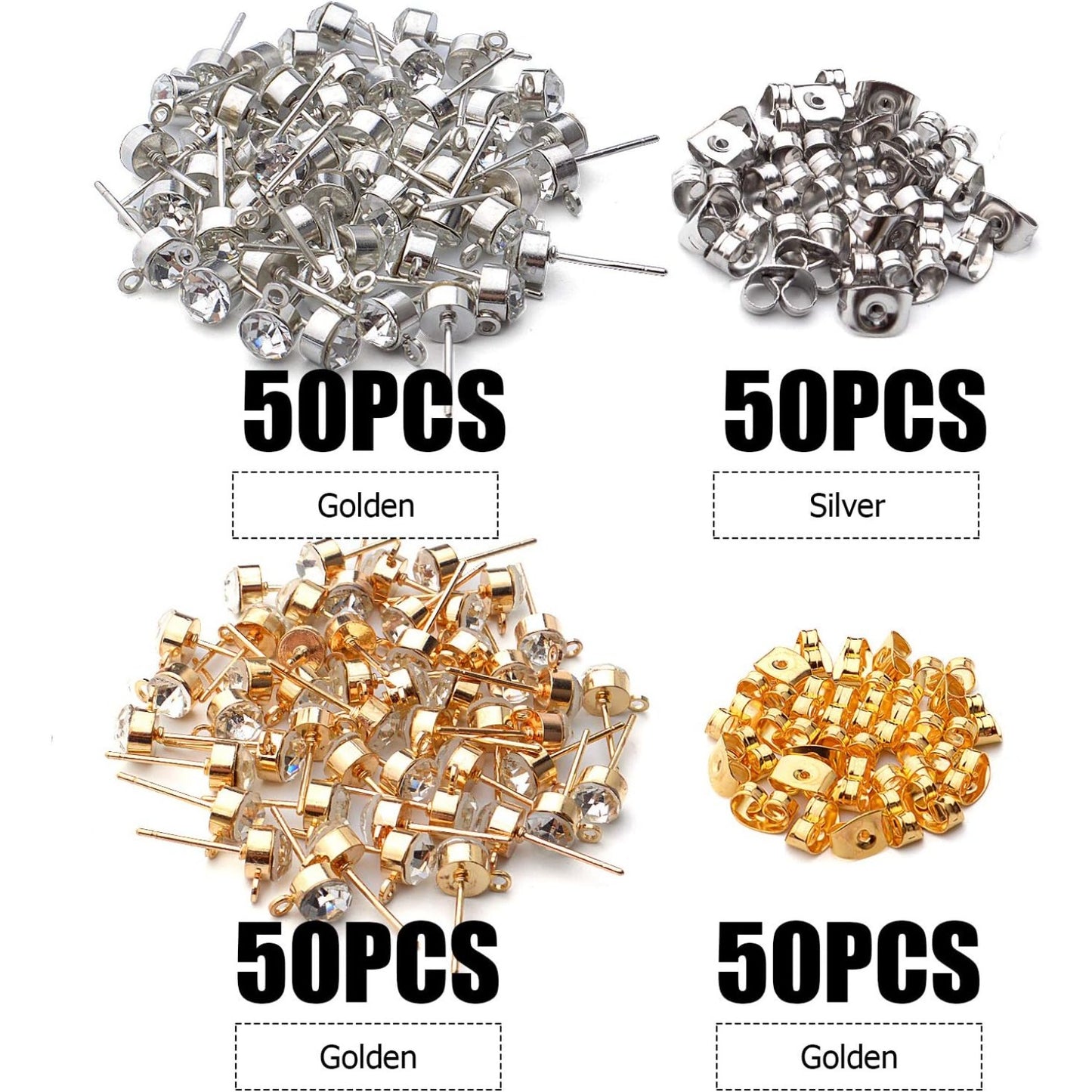 100pcs 5mm Rhinestone Earring Studs Hypoallergenic Earrings Posts with Loop and 100pcs Butterfly Earring Backs for DIY Earring Jewelry Making Supplies