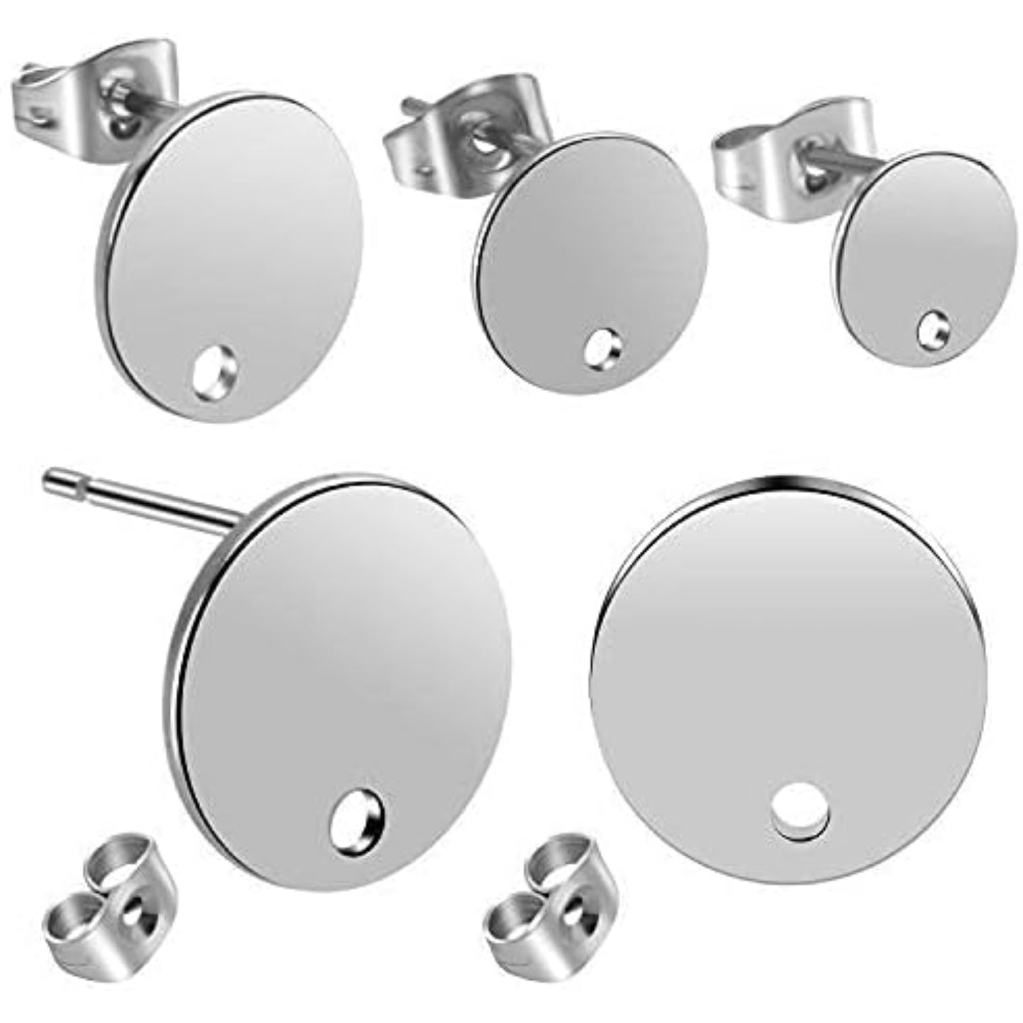 60pcs 8mm/10mm/12mm Stainless Steel Round Earring Studs Blank Earring Posts with Loop and 60pcs Earring Backs for Earring Making,Silver