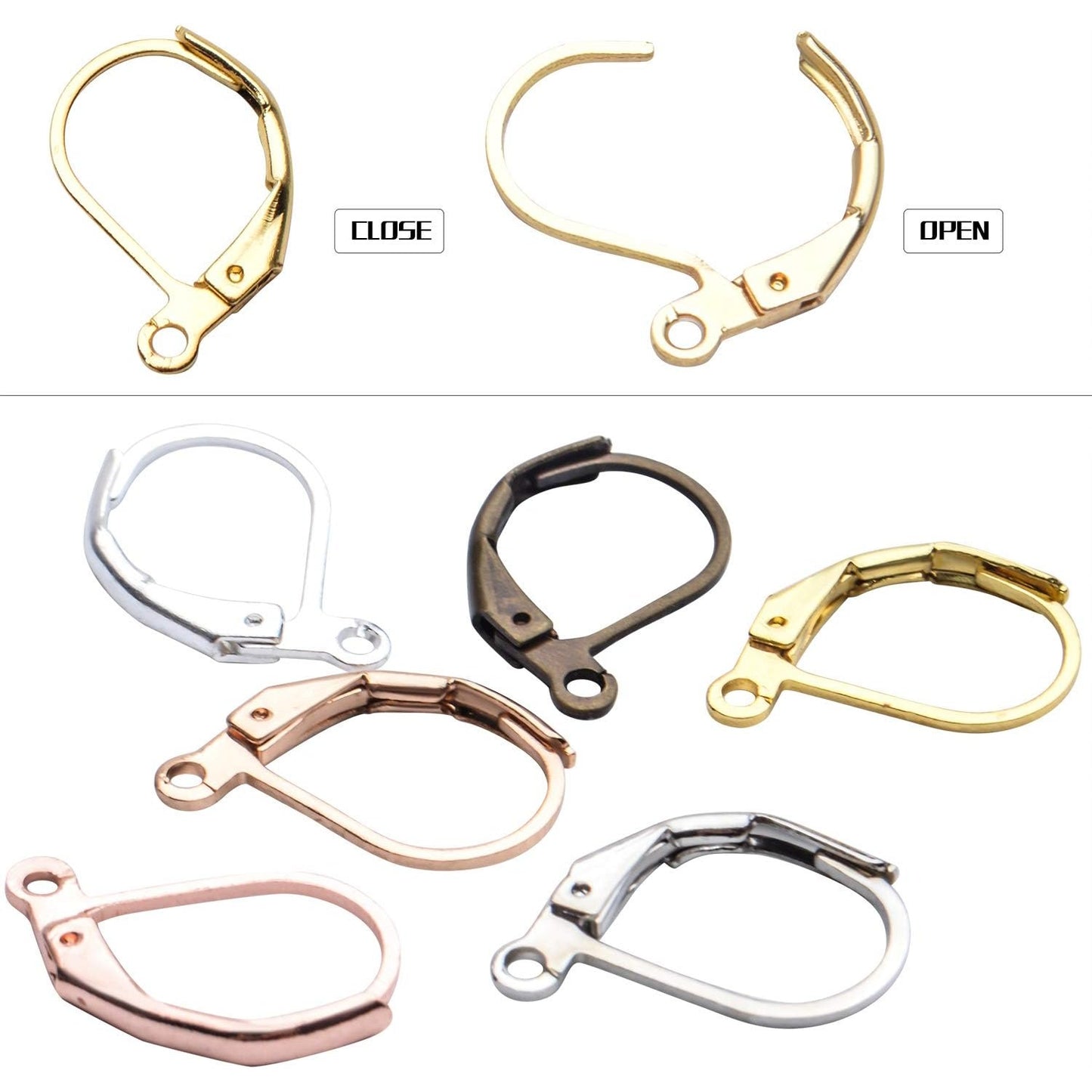 Earrings Hooks Leverback, 60pcs Leverback Earring Hooks Earwires Open Loop French Style for Earring Jewelry Making, Antique Bronze, White Gold, Silver, Gold, KC Gold, Rosegold
