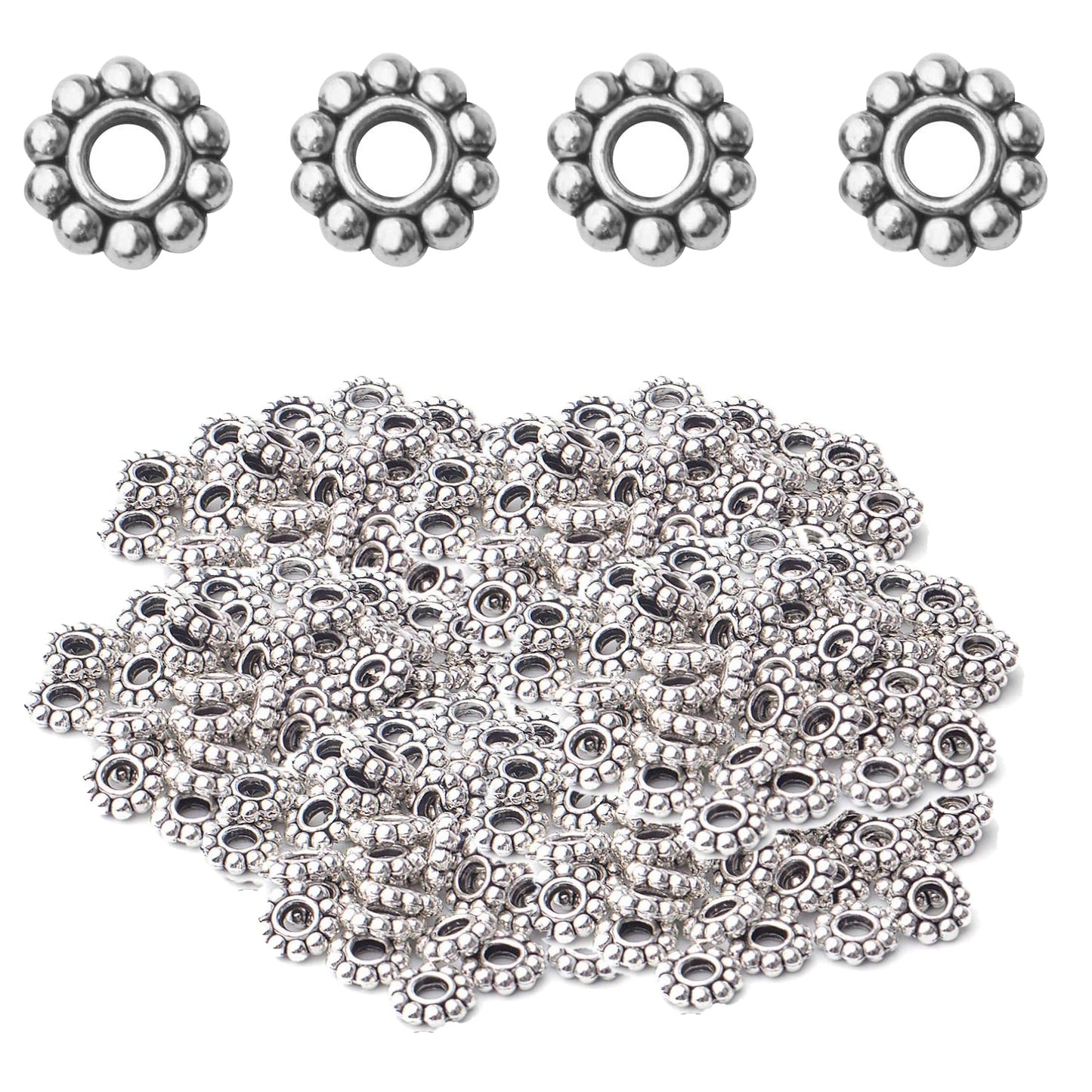 200pcs 4 Colors 6mm Flower Spacer Beads Tibetan Alloy Daisy Spacers Snowflake Loose Beads Jewelry Spacer Charms for DIY Bracelet Jewelry Crafts Making