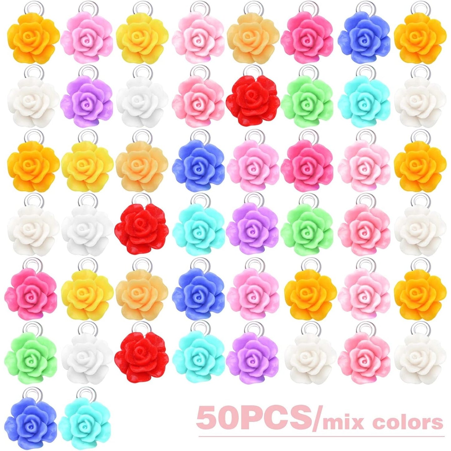 50pcs 10 mm Mixed Colors Resin Rose Flower Pendant Charms Lovely Flower Bead Charms Jewelry Making Accessories for DIY Craft Earrings Necklace Bracelet Birthday Party Favor Gifts