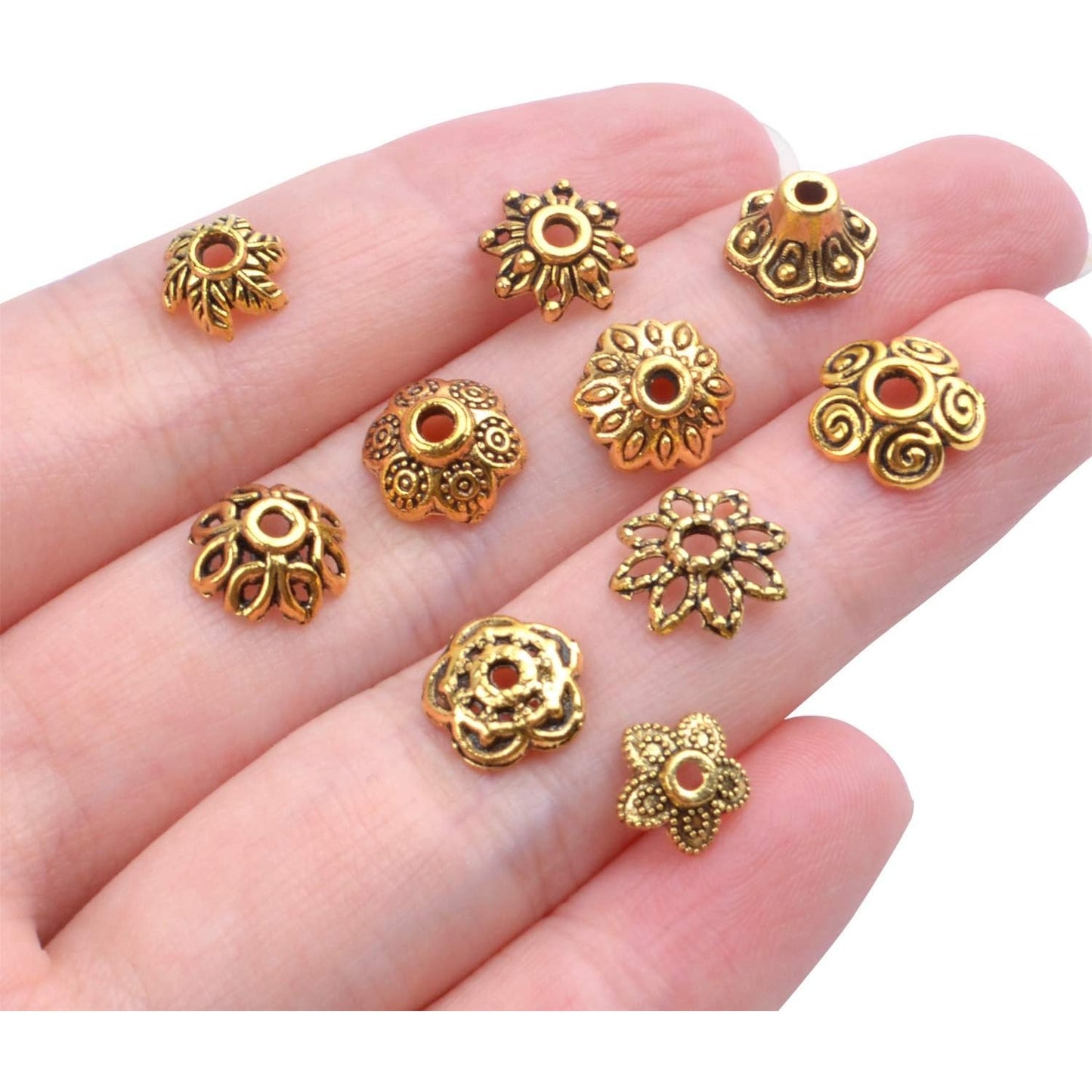 200pcs Antique Gold Bead Caps Spacer Beads Flower Bead Caps Bali Style for Necklace Bracelet,10 Styles