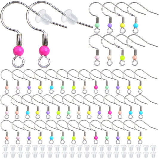 100pcs Mixed Colors Stainless Steel Earring Hooks Hypoallergenic French Earring Fish Hooks and 100pcs Clear Earring Backs Stoppers for DIY Jewelry Making Supplies Gift
