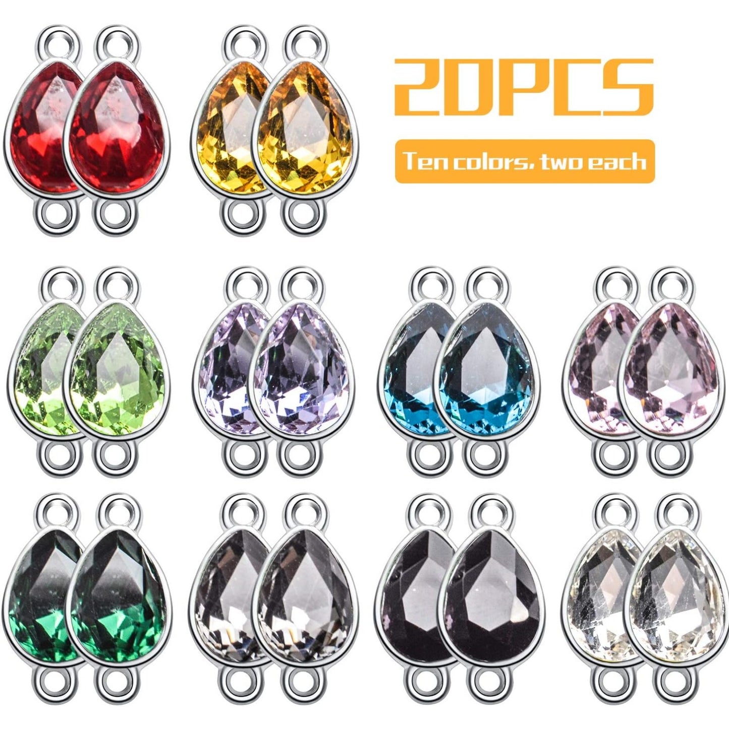 Rhinestone Charms,20pcs Mixed Drop Pendants Alloy Links Charms Bulk With Double Hole For DIY Necklace Bracelet Jewelry Making,10 Colors,17 x 10mm