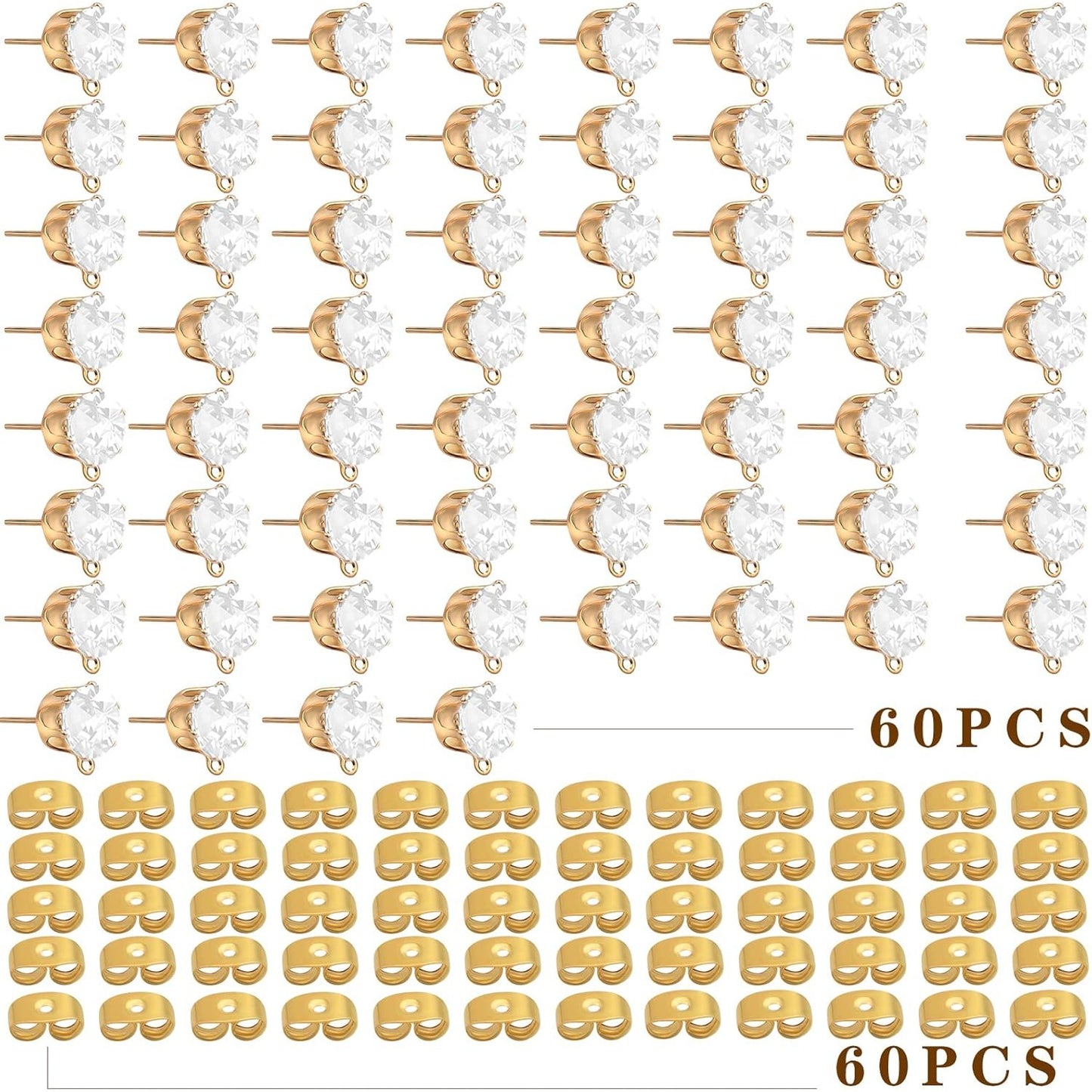 60pcs Rhinestone Earrings Posts with Loop Hypoallergenic Crystal Earring Studs and 60pcs Butterfly Earring Backs for DIY Jewelry Making Accessories, KC Golden