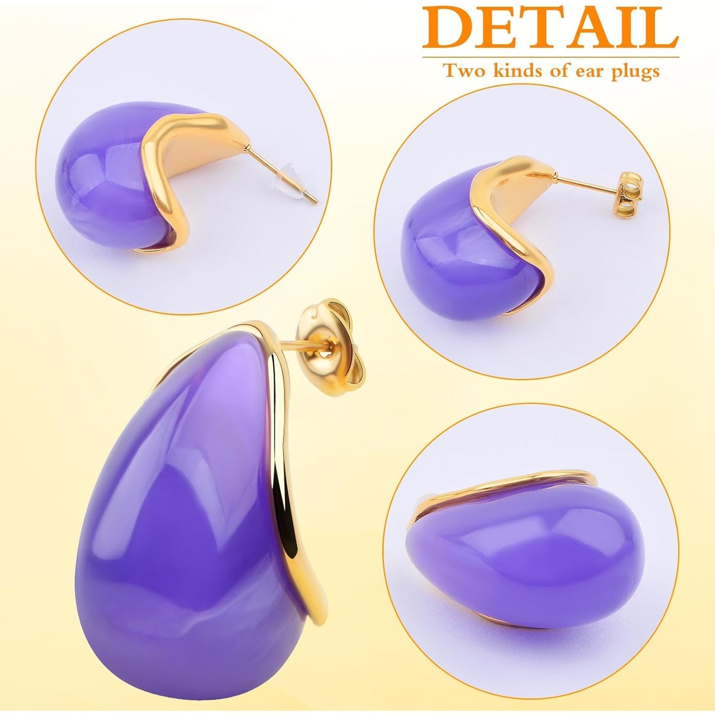 1 Pair Resin Purple Crescent Moon Shape Chunky Hoop Earrings Hypoallergenic Titanium Steel Drop Earring Studs with Earring Safety Backs for Women