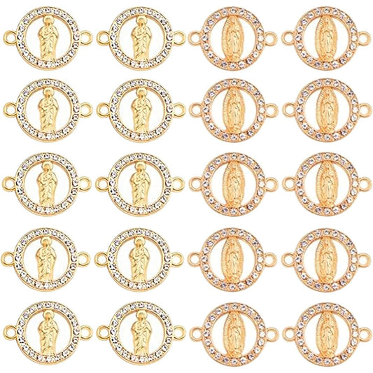 20pcs Alloy Rhinestones Our Lady Link Miraculous Medal Charms Catholic Virgin Mary Charm Religious Jesus Maria Pendant Connectors for DIY Bracelet Earrings Jewelry Making