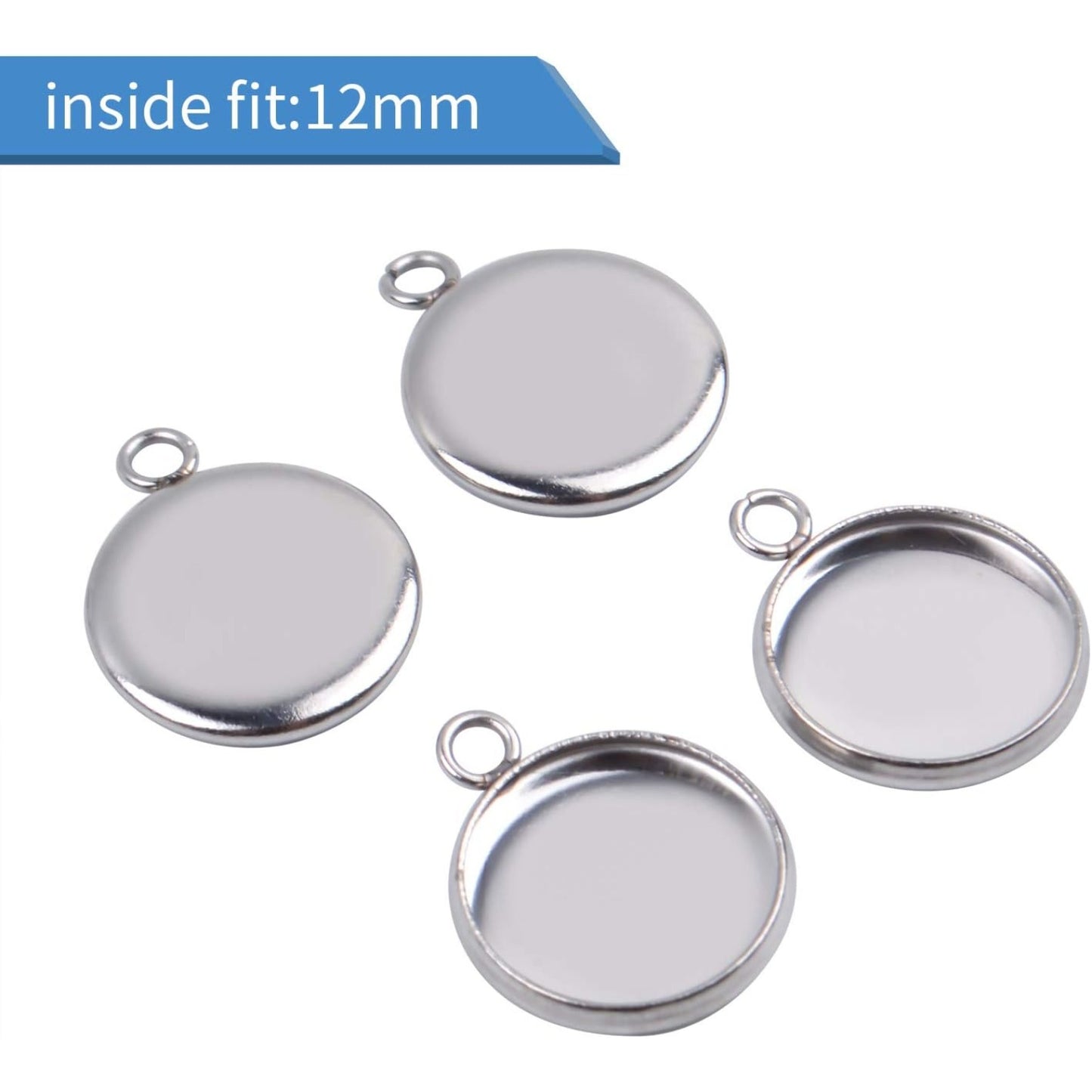 Bezel Pendant Trays, 50 Pieces Stainless Steel 12mm Round Cabochon Settings Trays Pendant Blanks for Jewelry Making DIY Necklace Bracelet Earring