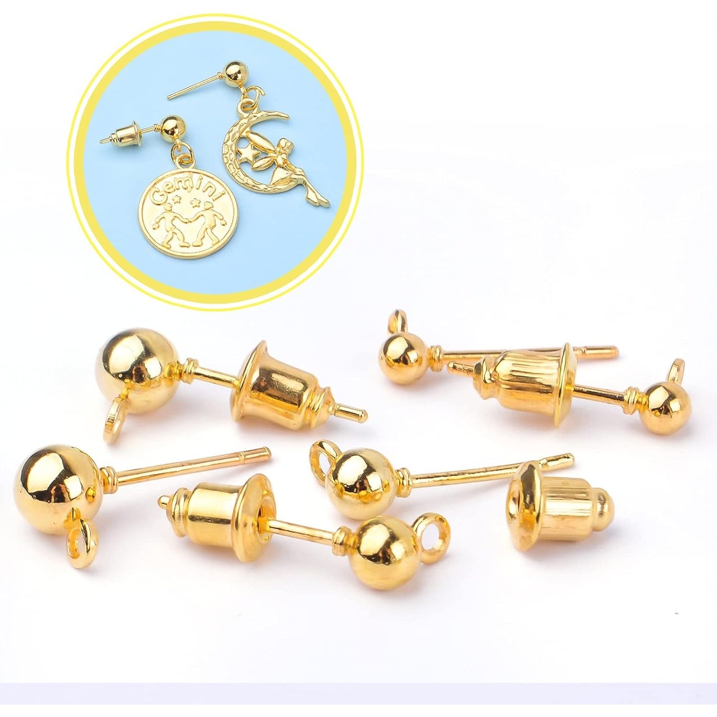 Ball Post Earring Studs,150pcs Gold Earring Spherical Round Earrings Hypoallergenic Ear Pins and 350pcs Earring Safety Backs and 200pcs Jump Rings and 1pcs Box,3mm/4mm/5mm