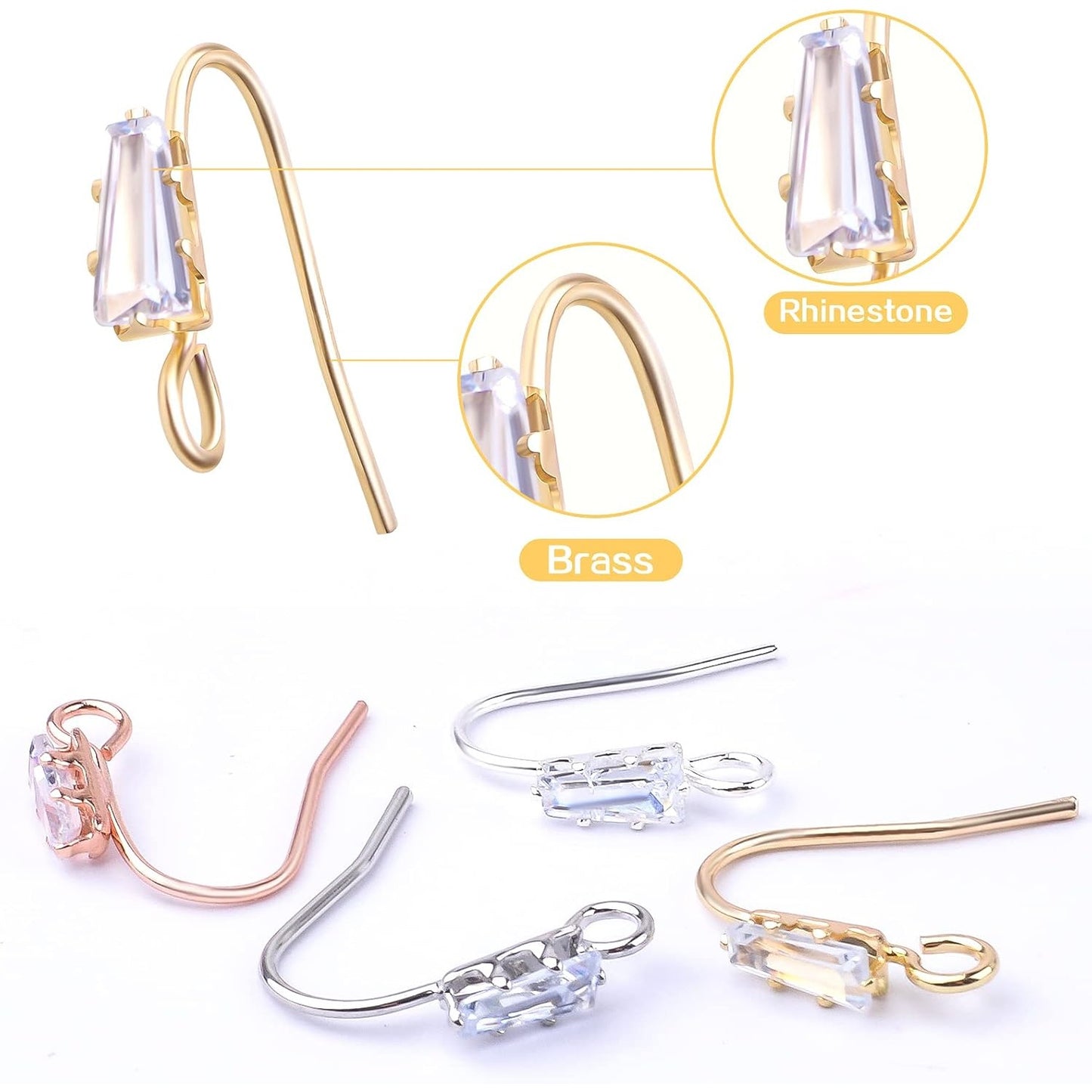 16pcs Crystal Rhinestone Earring Hooks Hypoallergenic Brass Ear Wire Hooks Cubic Zirconia French Fish Hook Earrings with Loop Hole for DIY Dangle Earrings Jewelry Making, 4 Colors
