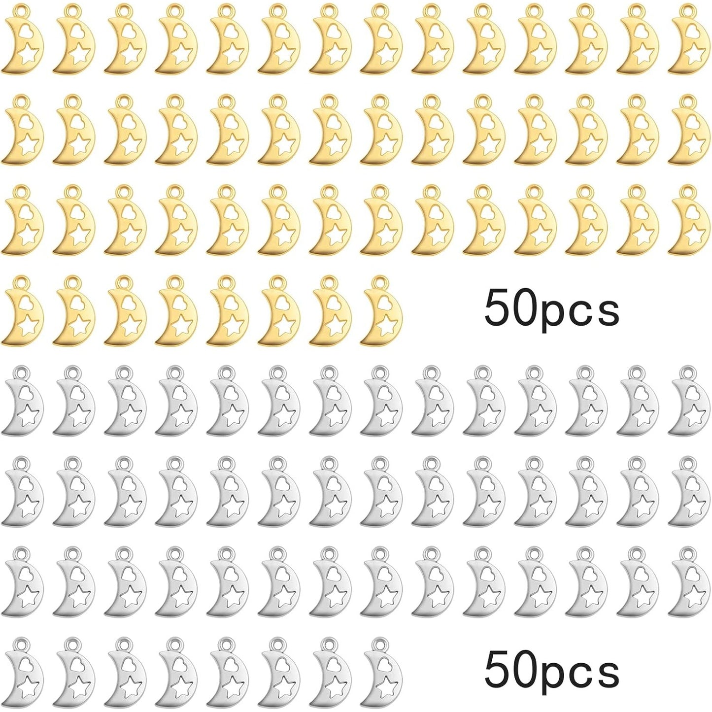 100pcs Hollow Crescent Moon Pendant Charms Tibetan Alloy Double-sided Smooth Moon Star Love Dangle Pendants for DIY Bracelet Necklace Earrings Jewelry Making, 2 Colors