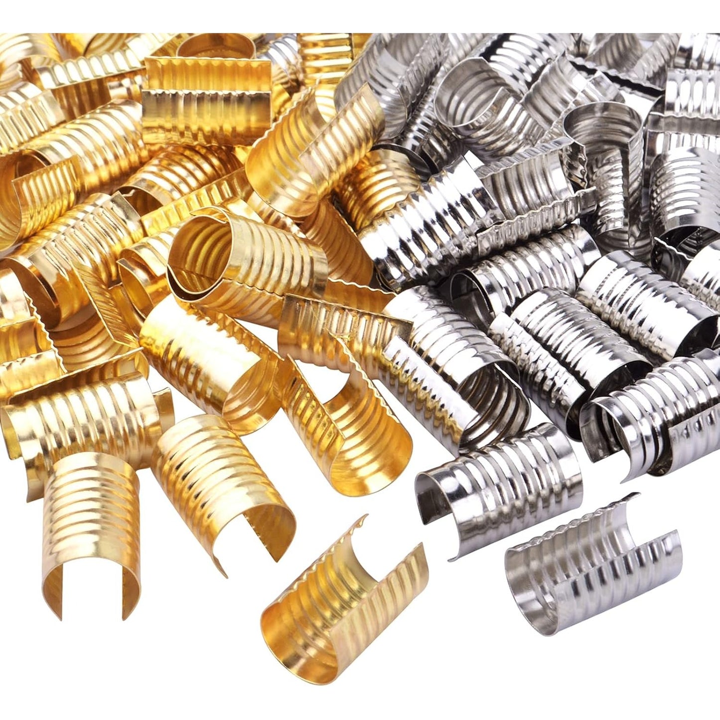 100pcs Leather Rope Clips Foldable Metal Round Fastener Crimping Cord String Leather Cord Clamp for DIY Handmade Necklace Crafts Jewelry Making Findings, Light Golden and Silver, 14.1 mm x 9 mm