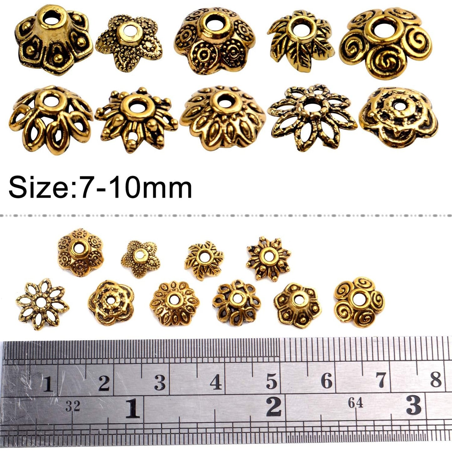200pcs Antique Gold Bead Caps Spacer Beads Flower Bead Caps Bali Style for Necklace Bracelet,10 Styles
