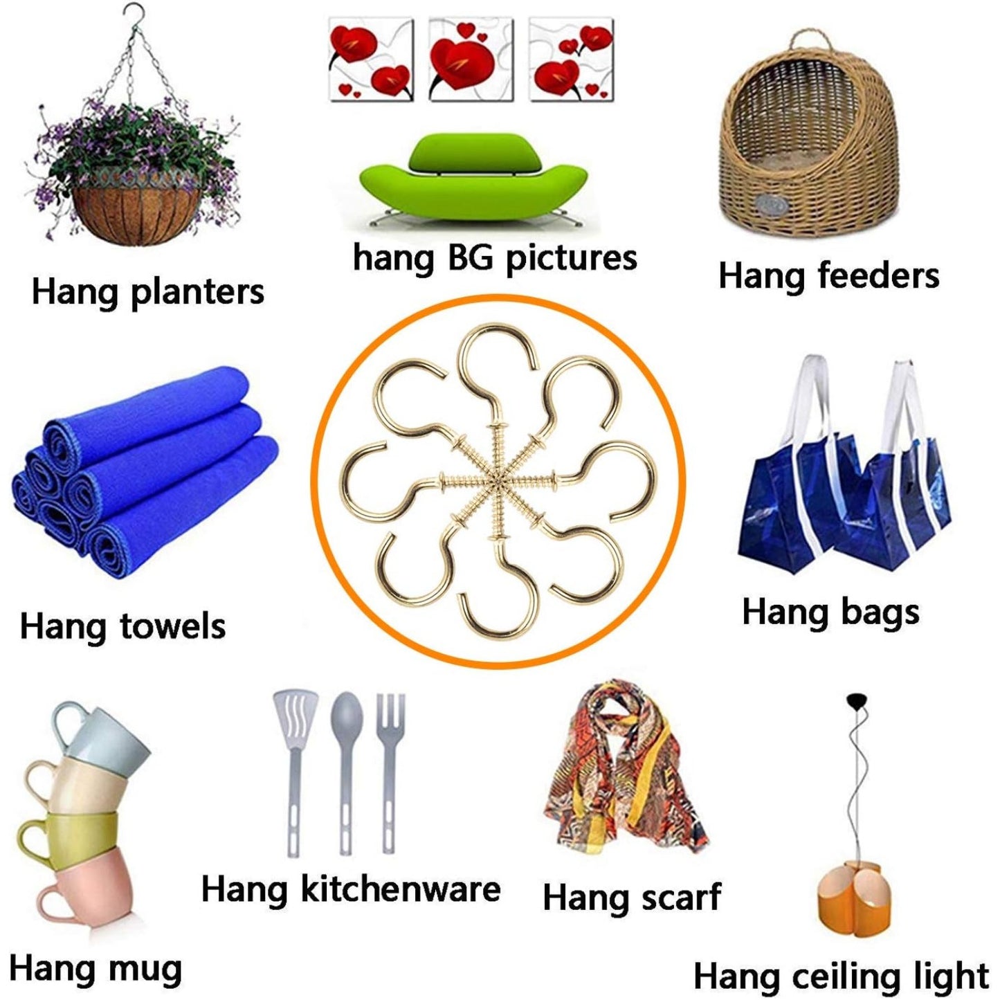 BronaGrand 100pcs Nickel Plated Metal Screw-in Ceiling Hooks Cup Hooks Gold 1inch