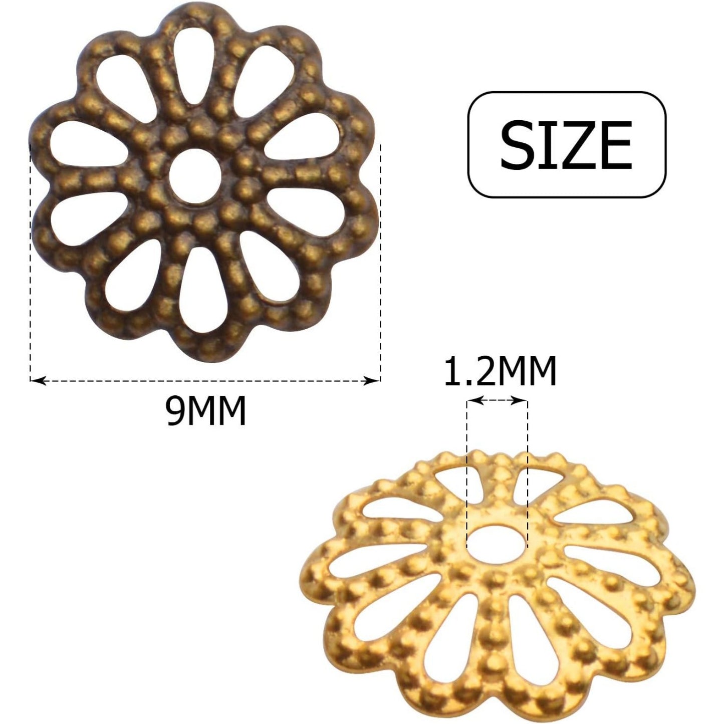 Flower Bead Caps,400pcs Tibetan Style Flower Shape Bead Caps Alloy Beads Caps Spacers for Bracelet Necklace Jewelry Making, White Golden, Golden, Silver, Antique Bronze, 9mm