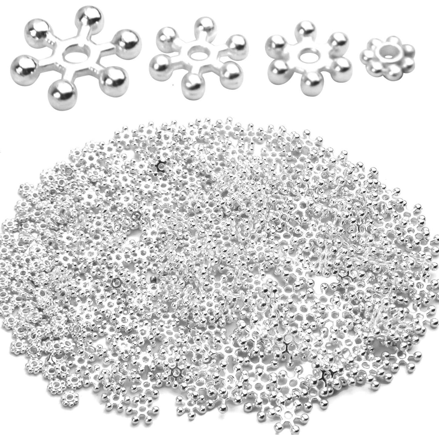 400pcs Snowflake Spacer Beads Daisy Jewelry Bead Charm Spacers Flat Metal Spacers for Bracelet Necklace Jewelry Making,4mm/6mm/8mm/10mm