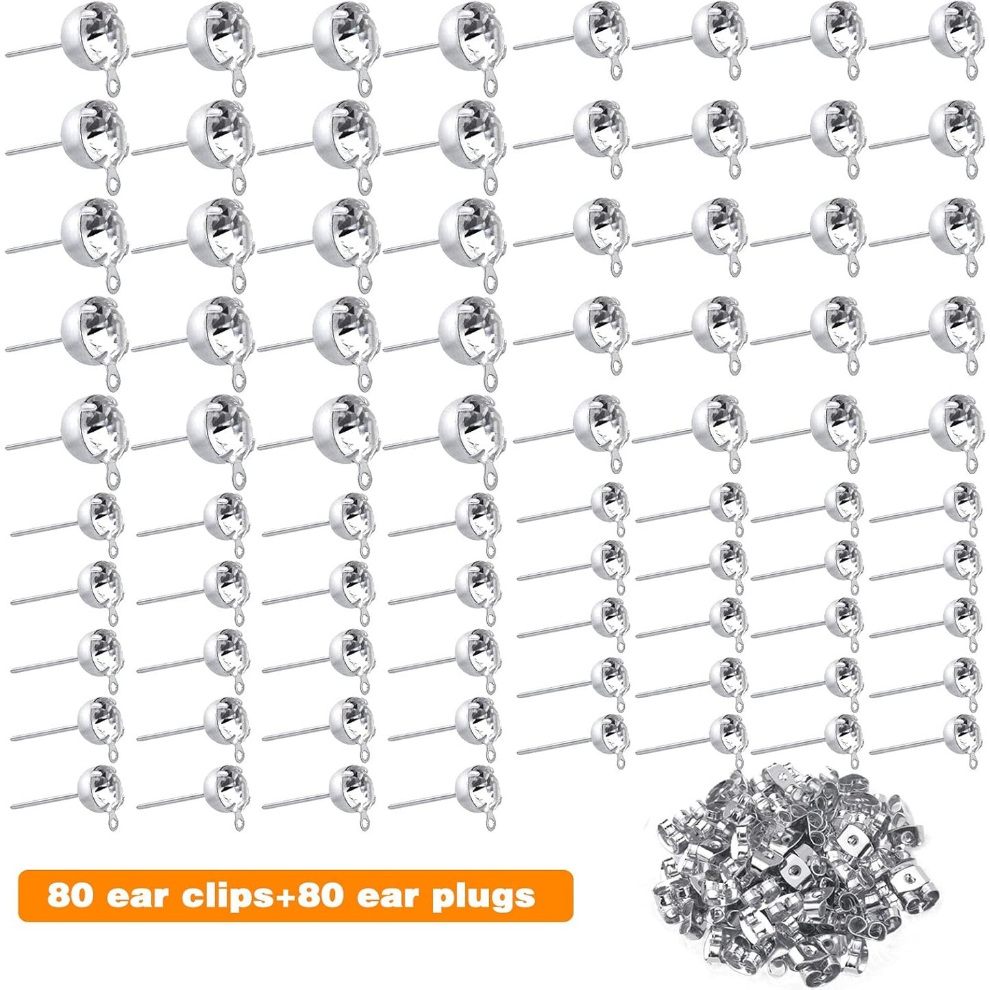 80pcs 4mm/5mm/6mm/8mm Rhinestone Earrings Posts with Loop Hypoallergenic Metal Earrings Studs and 80pcs Butterfly Earring Backs for DIY Dangle Earrings Design Jewelry Making, Silver