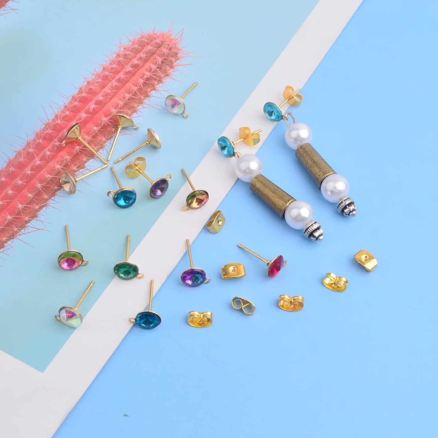 24pcs Stainless Steel Colorful Rhinestone Earring Posts with Loop Hypoallergenic Stud Earrings Findings and 24pcs Golden Butterfly Earring Backs for DIY Crafts Jewelry Making
