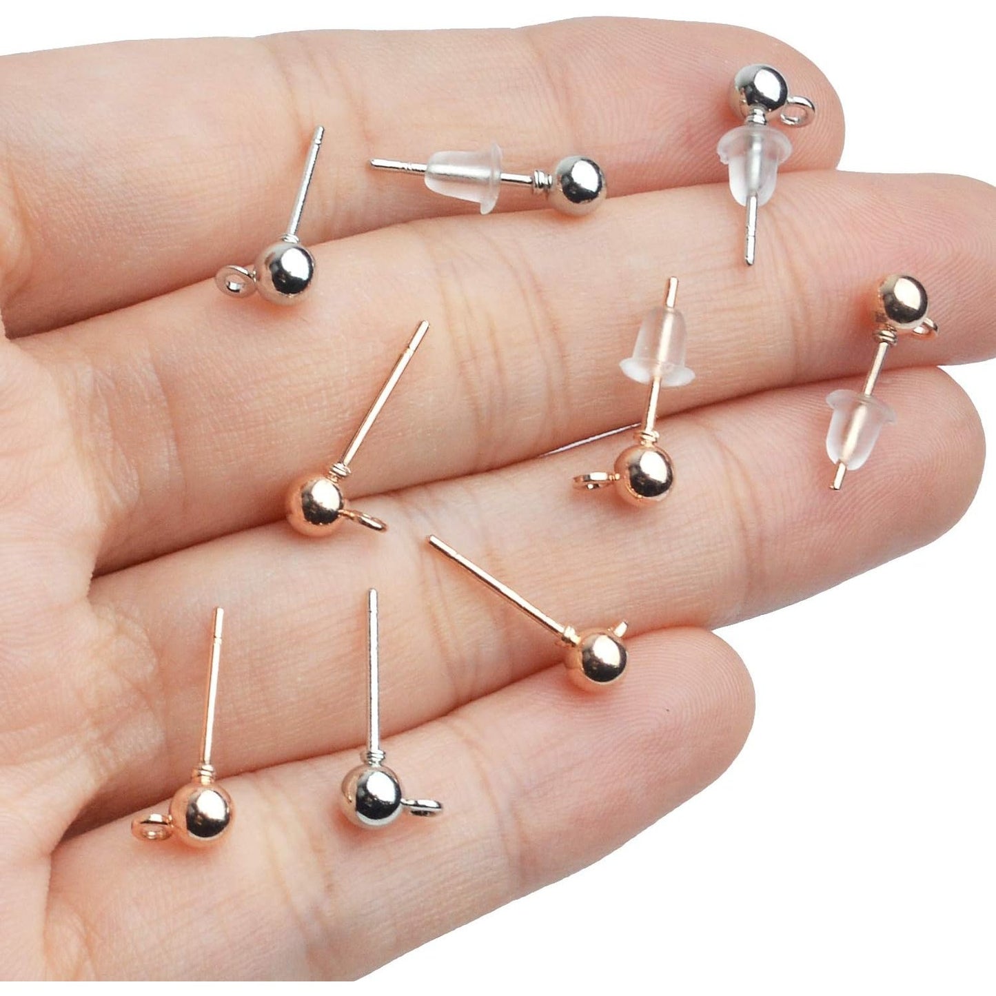 Ball Post Earrings with Loop, 40pcs 4mm Hypoallergenic Stainless Steel & Silicone Earring Studs & Backs, 4 Colors